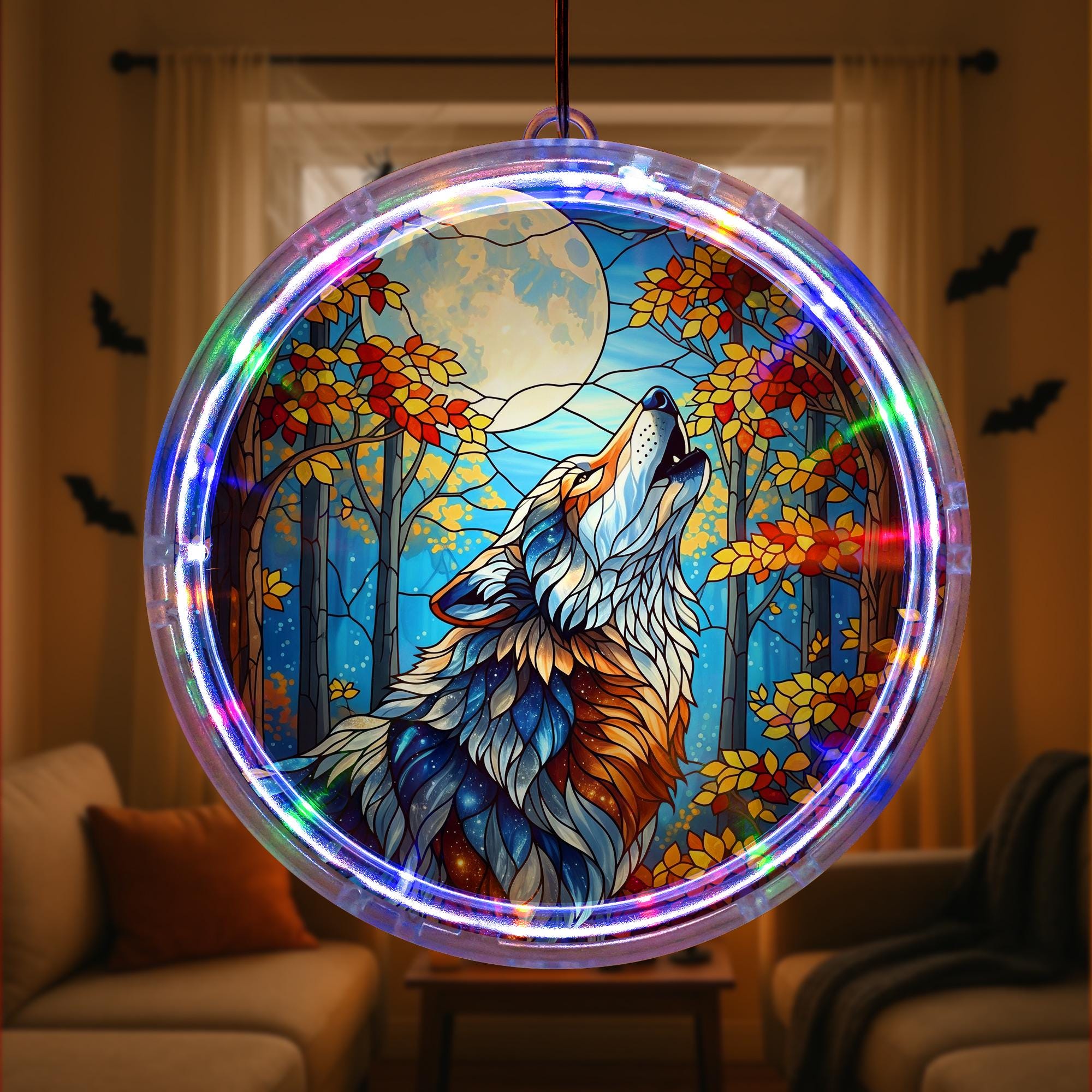 Wolf LED Hanging Sun Catcher – Stained Glass Style Lighted Window Decor, Moon and Forest Animal Wall Art, Nature Gift for Home