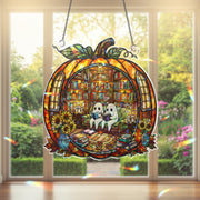 Halloween Ghost Pumpkin Suncatcher - Holographic Acrylic Window Hanging, Spooky Book Lover Decor, Autumn Window Art Gift