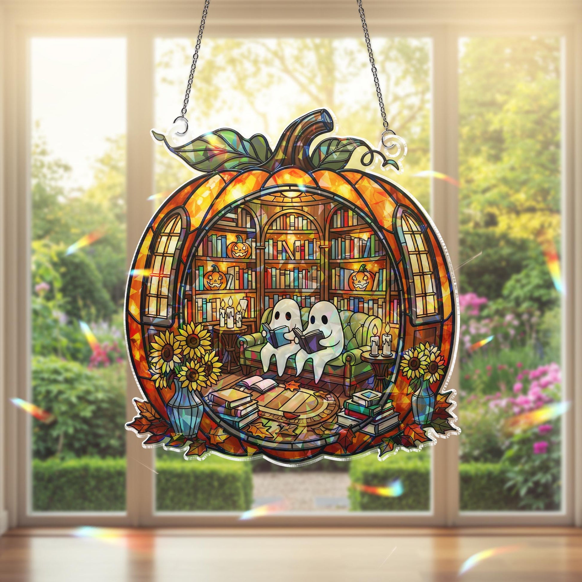 Halloween Ghost Pumpkin Suncatcher - Holographic Acrylic Window Hanging, Spooky Book Lover Decor, Autumn Window Art Gift