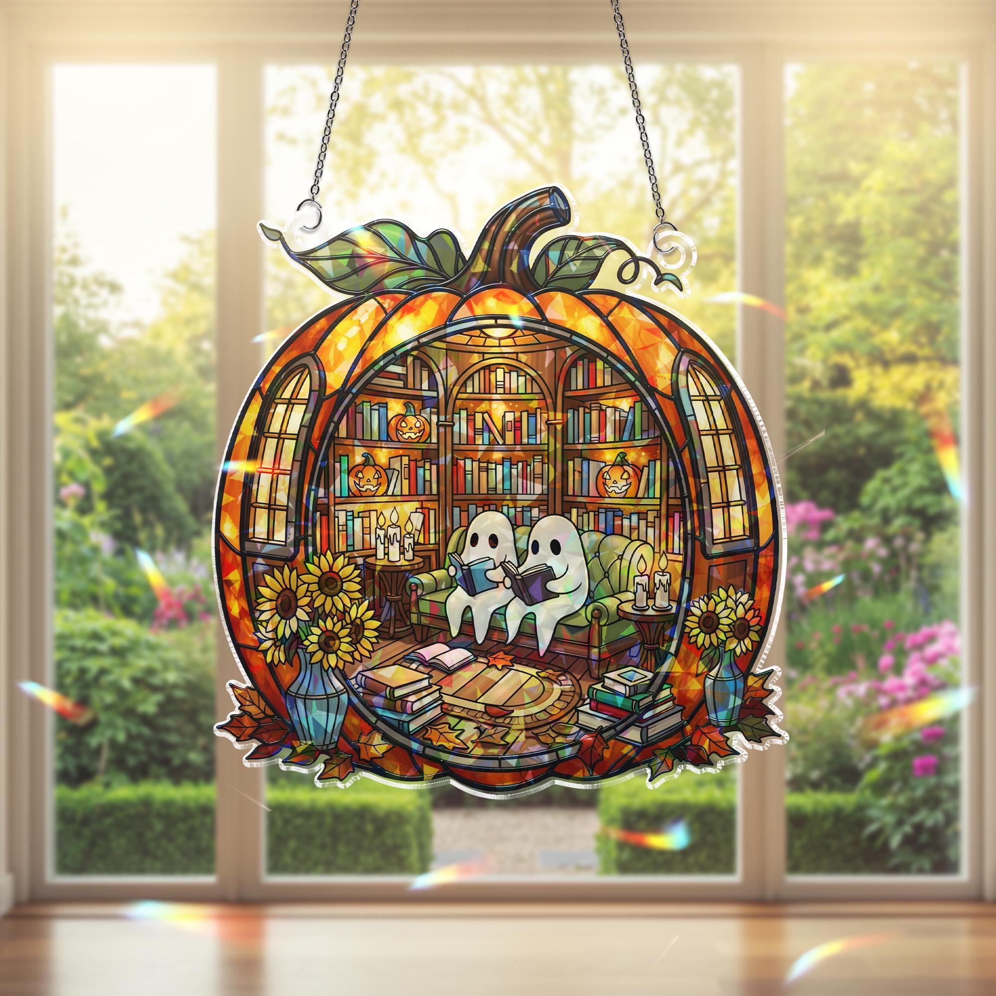 Halloween Ghost Pumpkin Suncatcher - Holographic Acrylic Window Hanging, Spooky Book Lover Decor, Autumn Window Art Gift