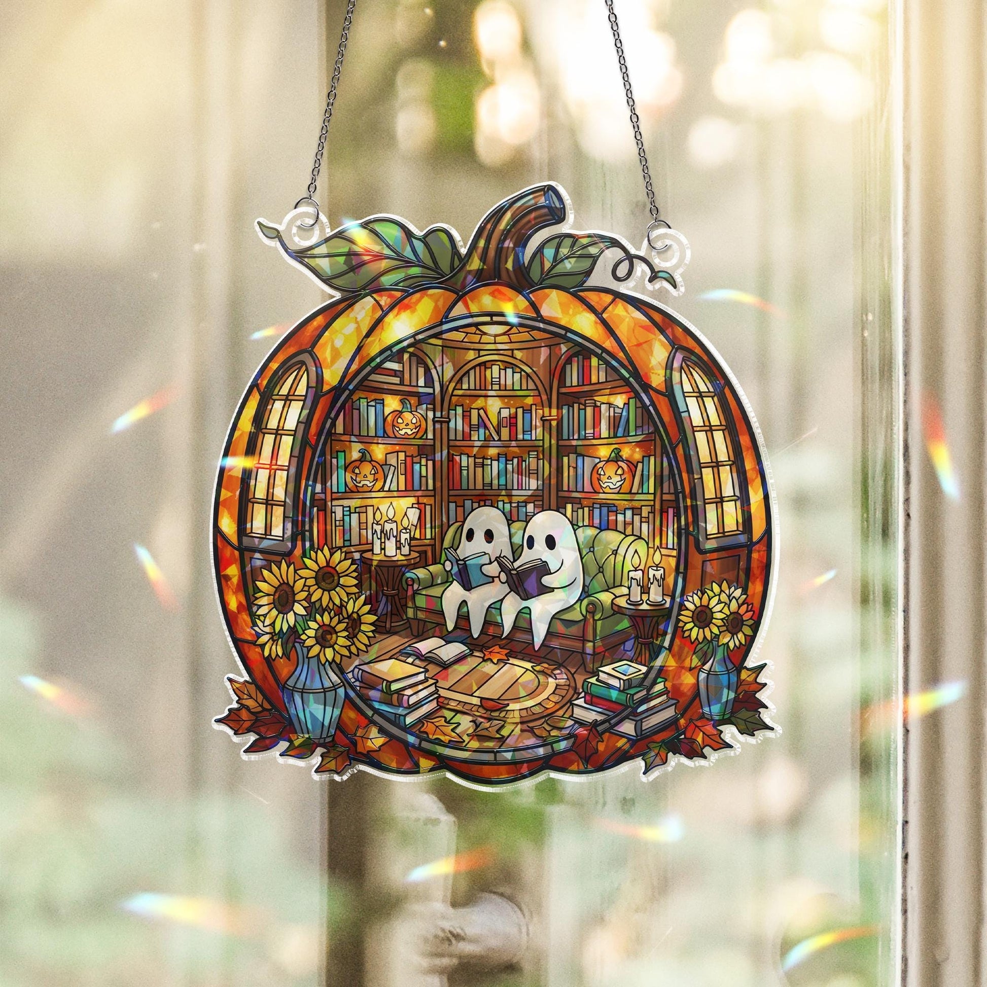 Halloween Ghost Pumpkin Suncatcher - Holographic Acrylic Window Hanging, Spooky Book Lover Decor, Autumn Window Art Gift