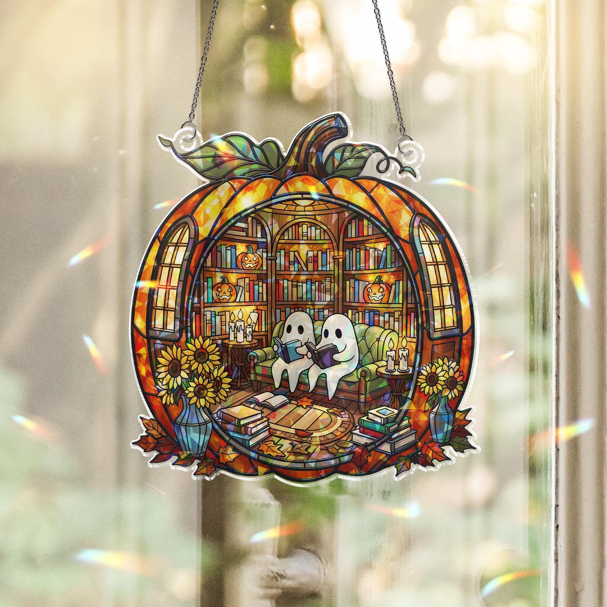 Halloween Ghost Pumpkin Suncatcher - Holographic Acrylic Window Hanging, Spooky Book Lover Decor, Autumn Window Art Gift