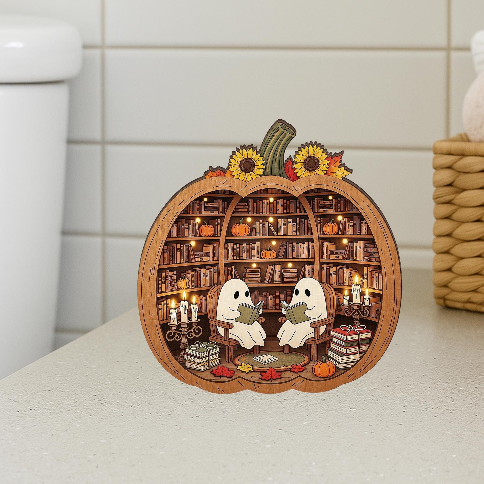 Halloween Bookish Room Decor - Cozy Ghost Pumpkin Library Decoration, Autumn Reading Nook Accent, Spooky Literary Home Gift