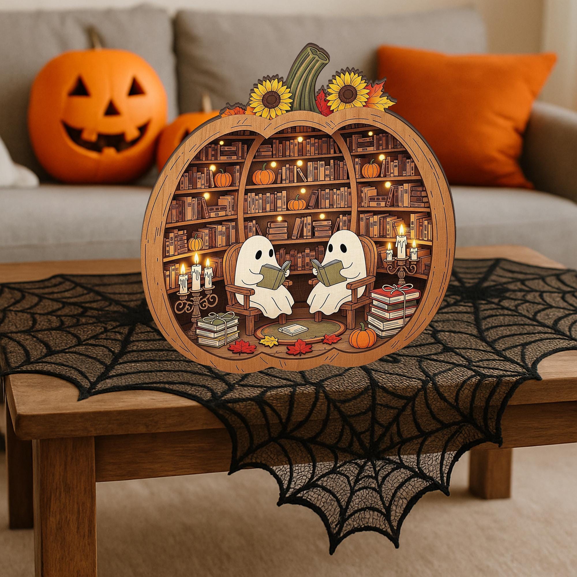 Halloween Bookish Room Decor - Cozy Ghost Pumpkin Library Decoration, Autumn Reading Nook Accent, Spooky Literary Home Gift
