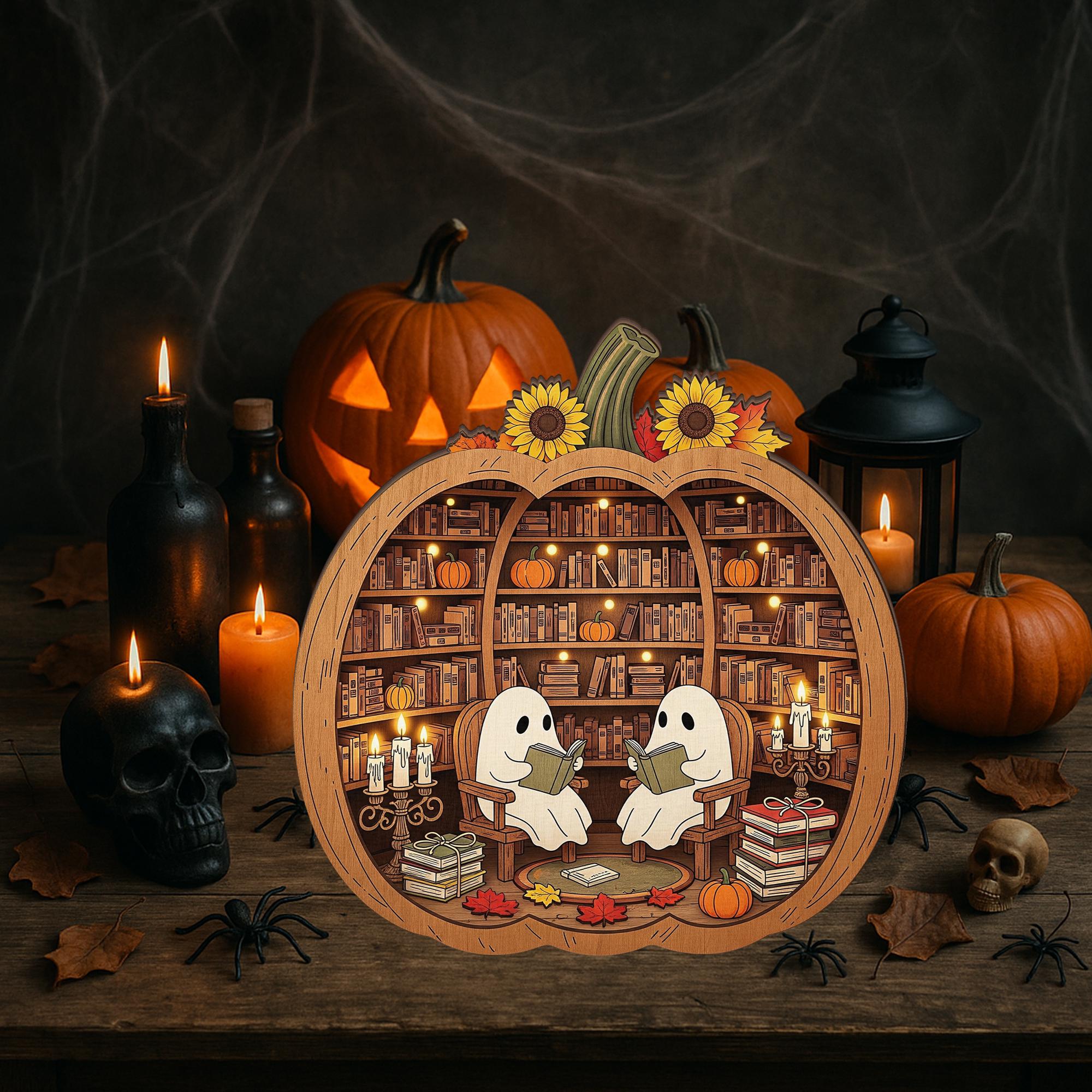 Halloween Bookish Room Decor - Cozy Ghost Pumpkin Library Decoration, Autumn Reading Nook Accent, Spooky Literary Home Gift