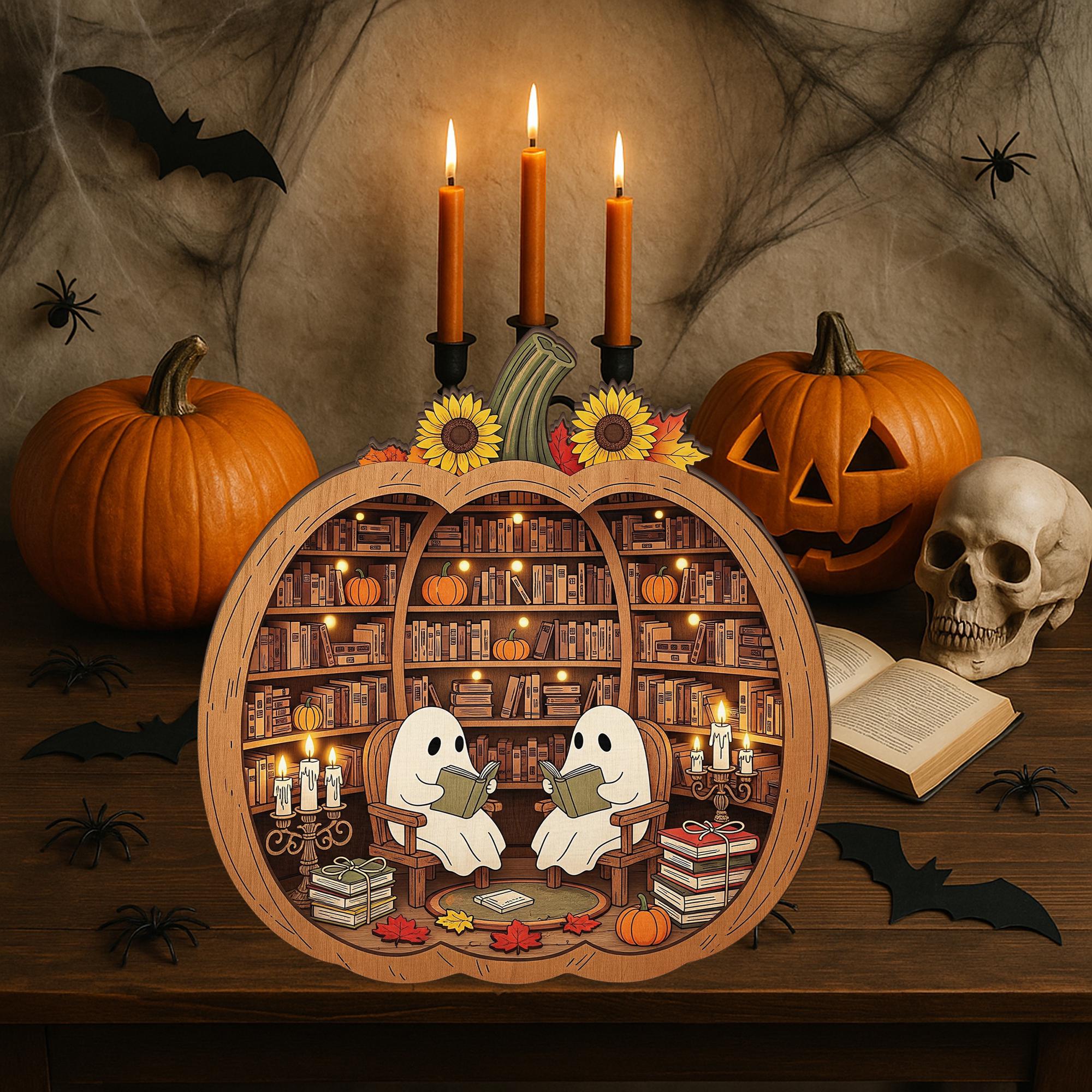 Halloween Bookish Room Decor - Cozy Ghost Pumpkin Library Decoration, Autumn Reading Nook Accent, Spooky Literary Home Gift