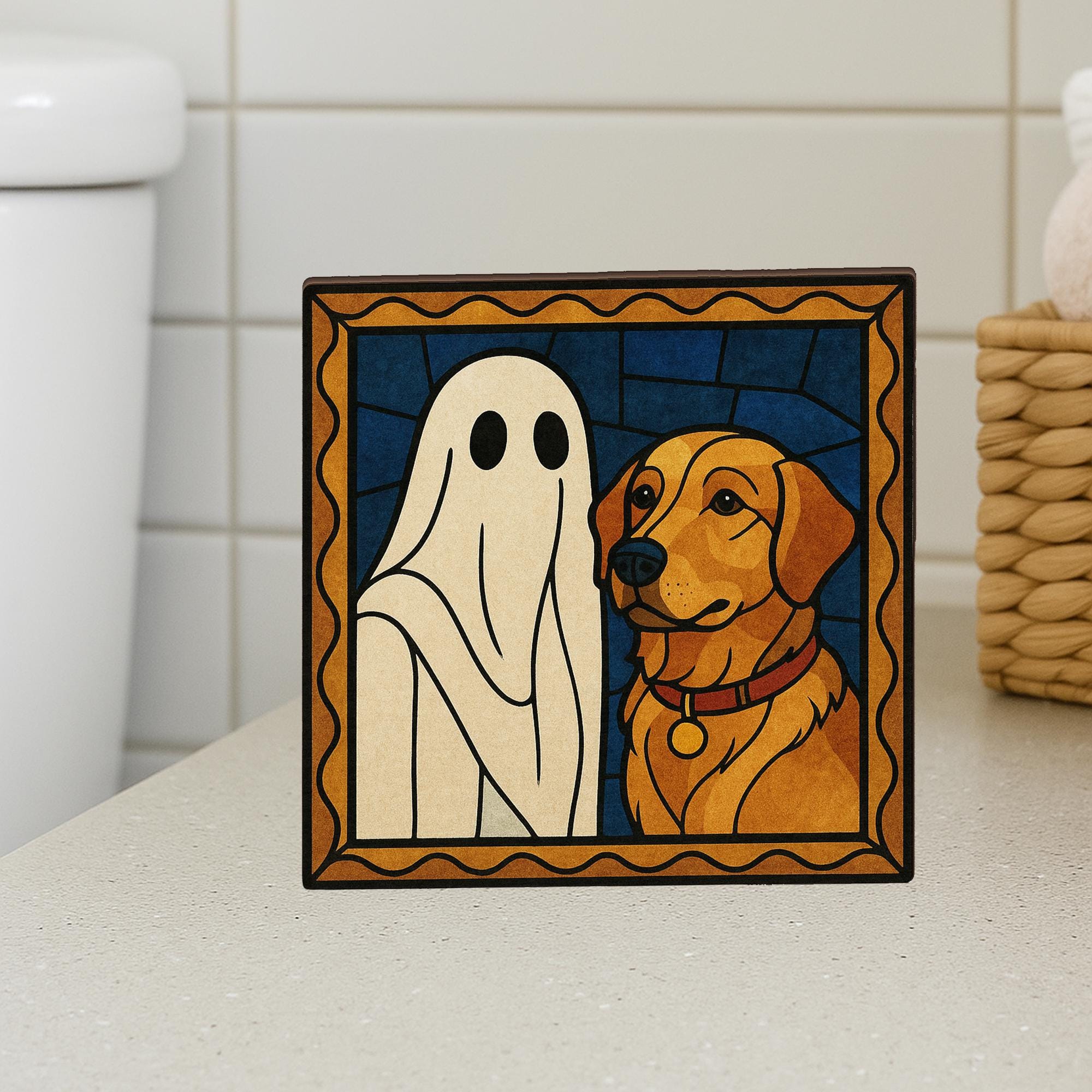 Custom Pet Halloween Wooden Block - Personalized Ghost Dog Portrait, Spooky Fall Home Decor, Unique Pet Lover Gift