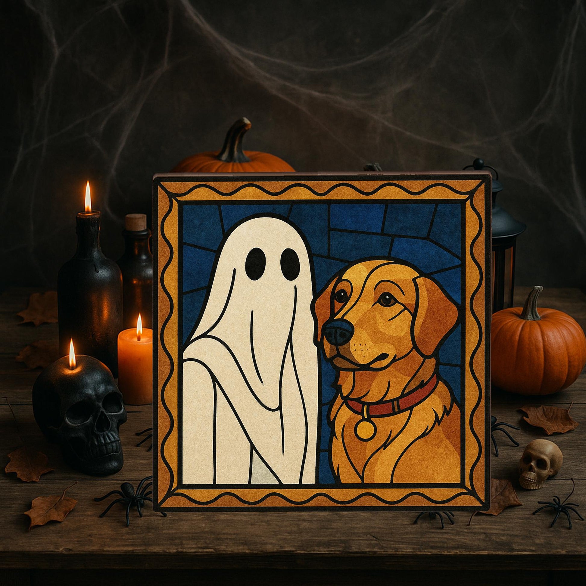 Custom Pet Halloween Wooden Block - Personalized Ghost Dog Portrait, Spooky Fall Home Decor, Unique Pet Lover Gift