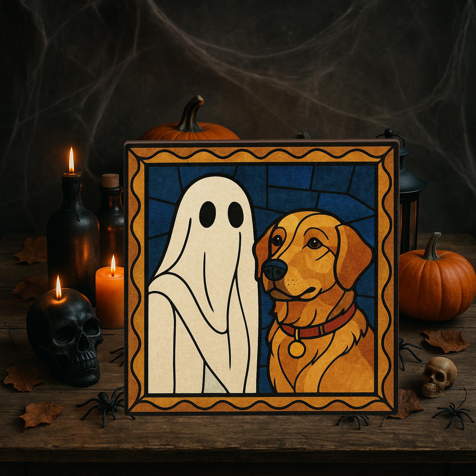 Custom Pet Halloween Wooden Block - Personalized Ghost Dog Portrait, Spooky Fall Home Decor, Unique Pet Lover Gift