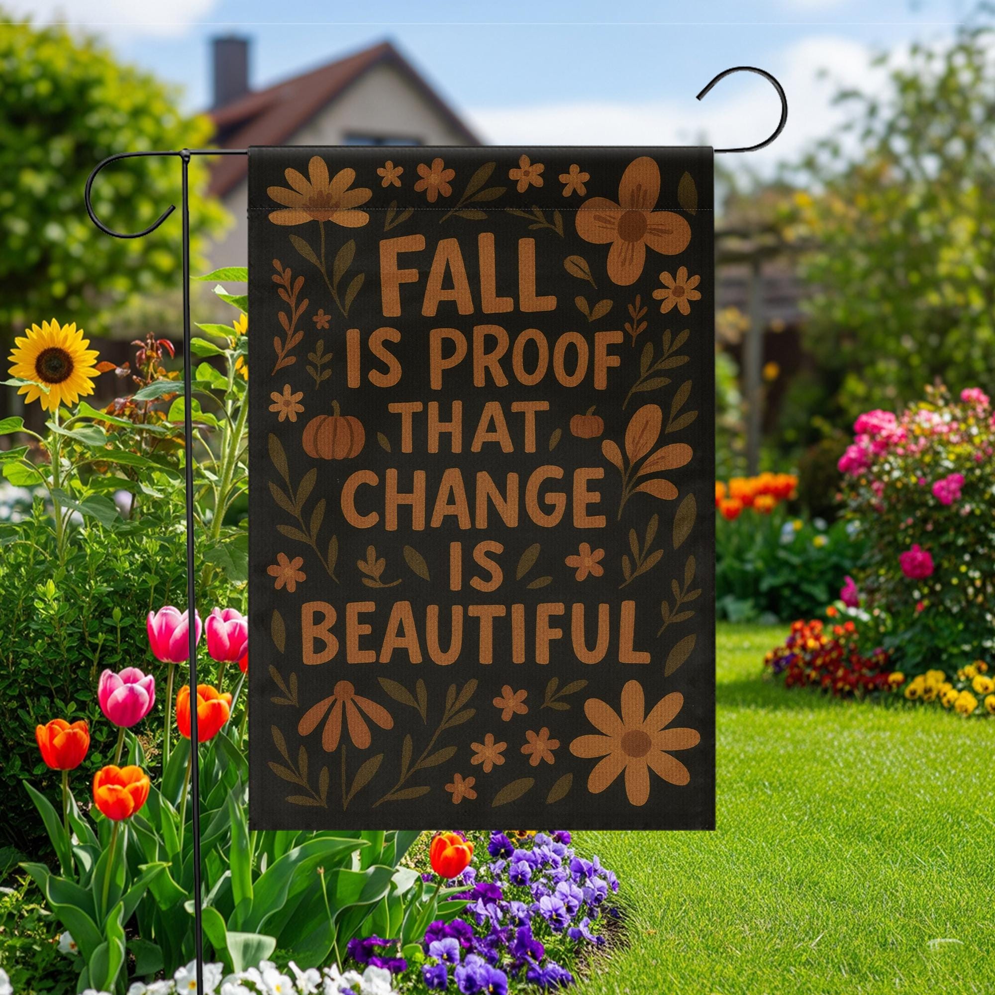 Fall Garden Flag - Autumn Outdoor Yard Decor, Seasonal Inspirational Flag, Rustic Pumpkin Floral Sign for Porch or Garden