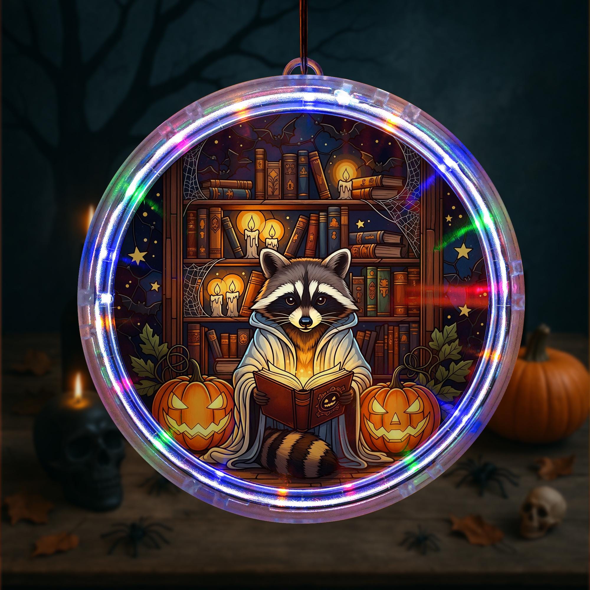 Halloween Raccoon LED Hanging Light - Spooky Trash Reader Wall Decor, Pumpkin Book Lover Night Lamp, Autumn Window Decoration