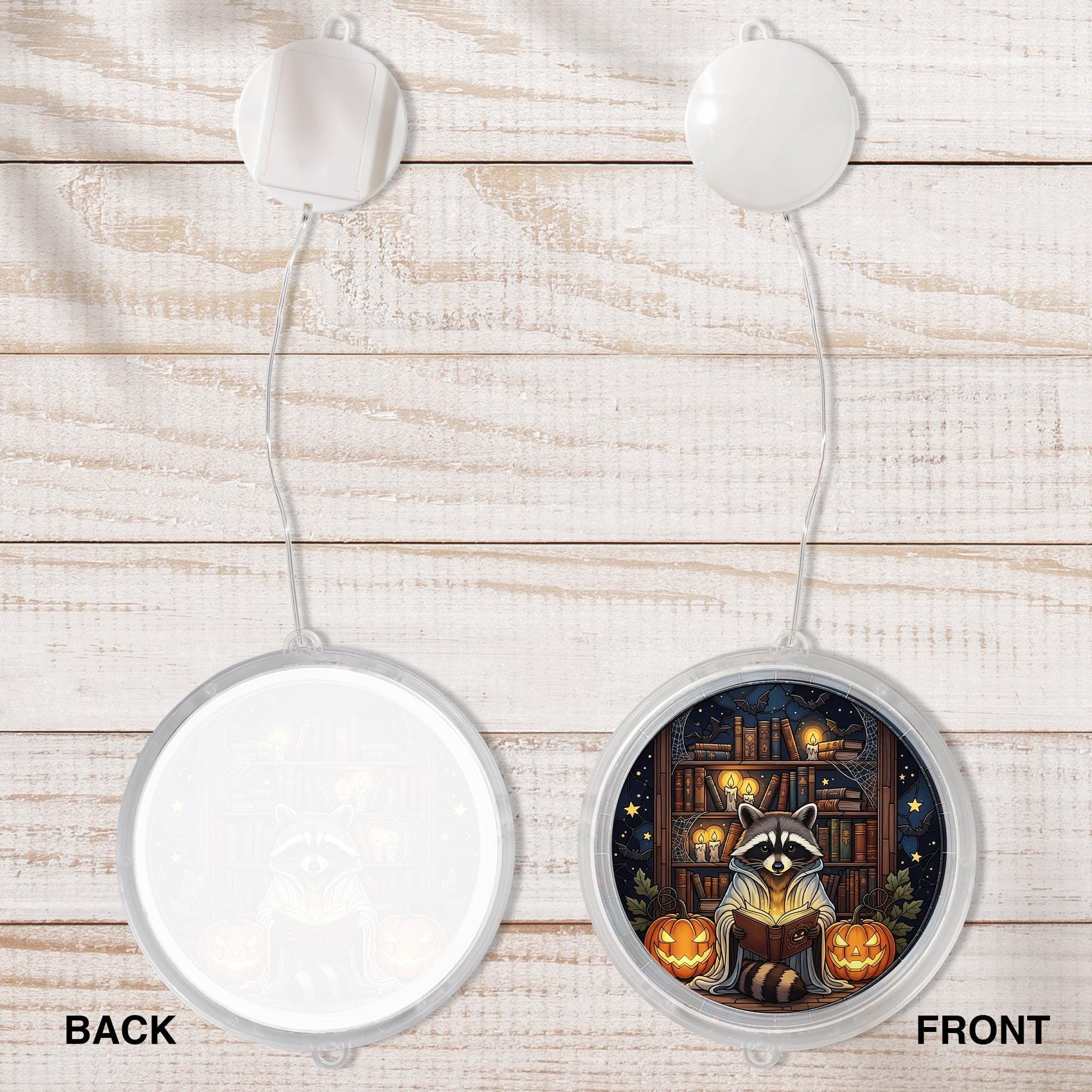Halloween Raccoon LED Hanging Light - Spooky Trash Reader Wall Decor, Pumpkin Book Lover Night Lamp, Autumn Window Decoration