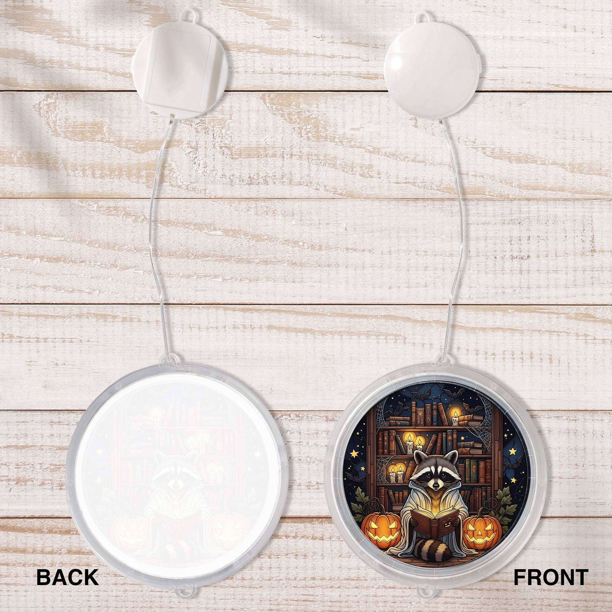Halloween Raccoon LED Hanging Light - Spooky Trash Reader Wall Decor, Pumpkin Book Lover Night Lamp, Autumn Window Decoration