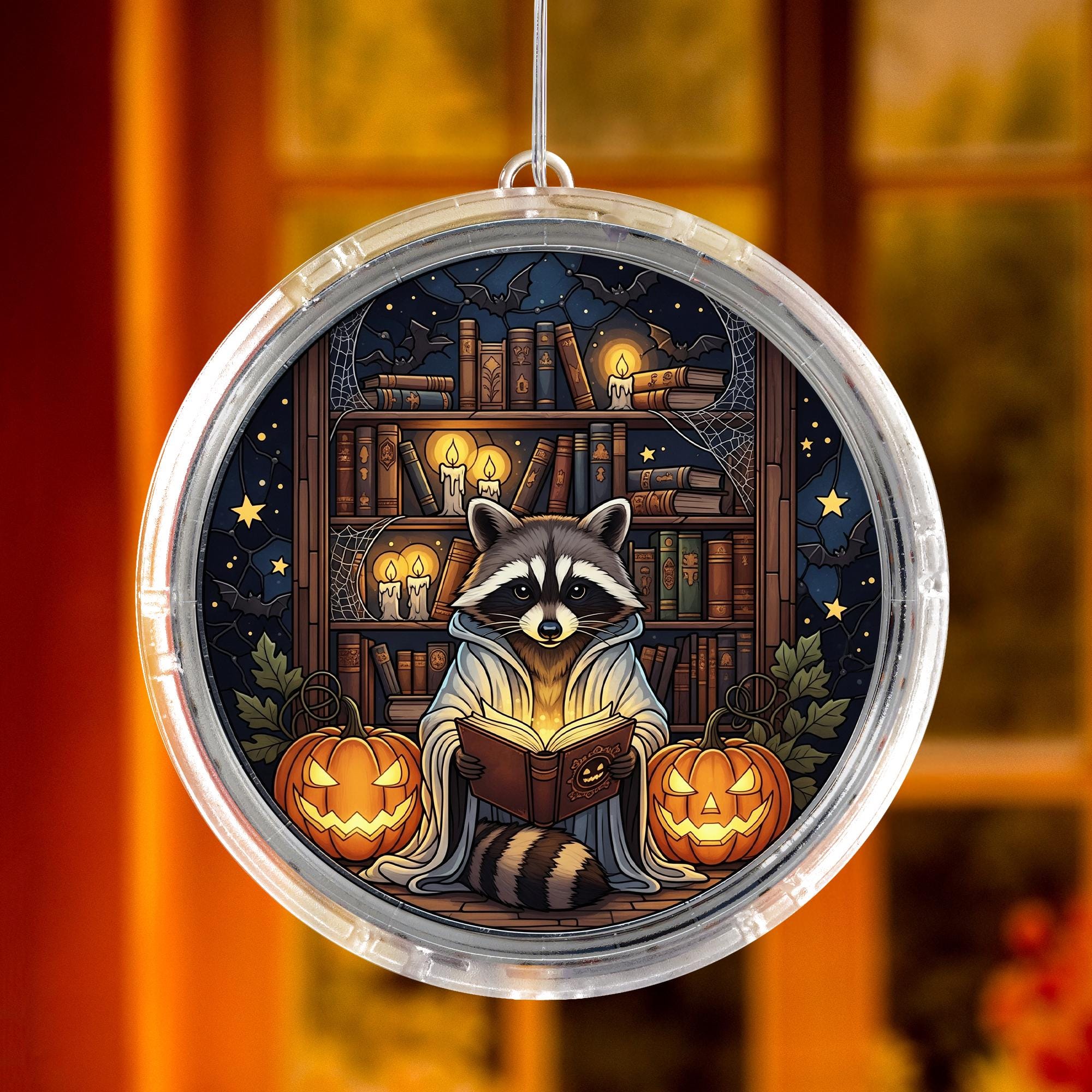 Halloween Raccoon LED Hanging Light - Spooky Trash Reader Wall Decor, Pumpkin Book Lover Night Lamp, Autumn Window Decoration