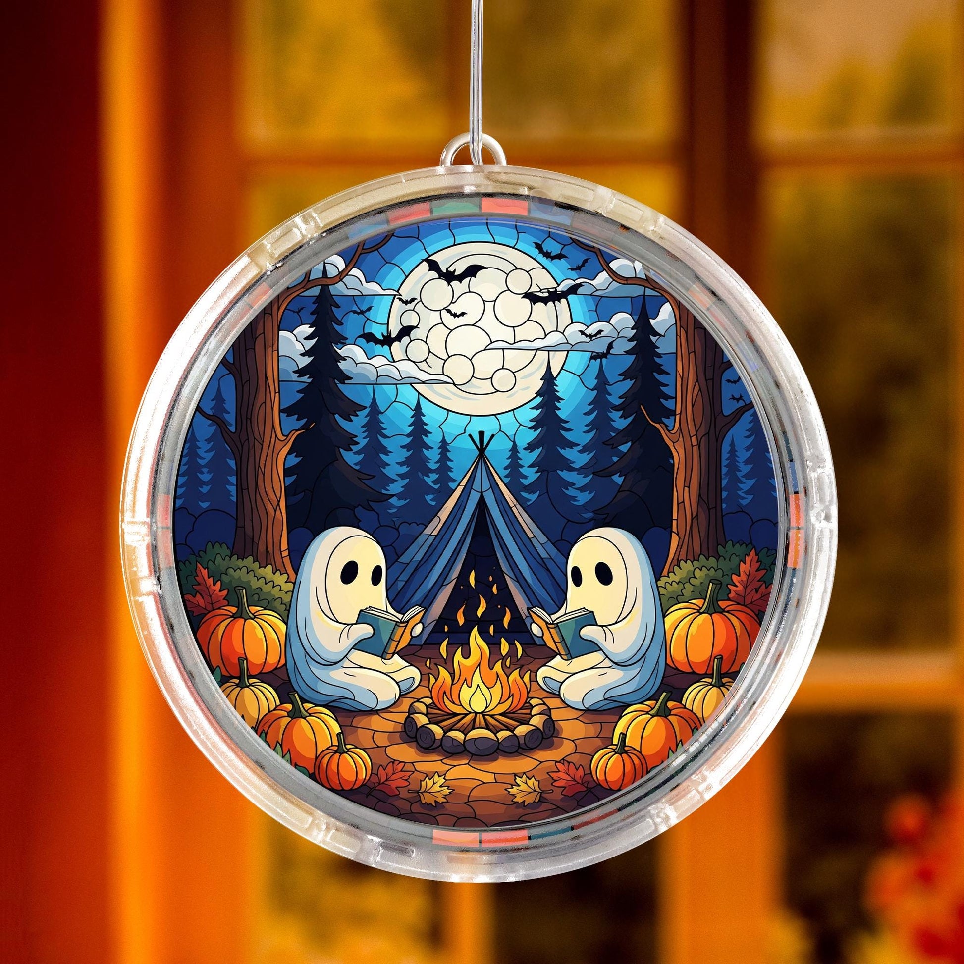 Halloween Campfire Ghost LED Hanging - Spooky Reading Night Light, Pumpkin Fall Window Decor, Cozy Autumn Book Lover Gift