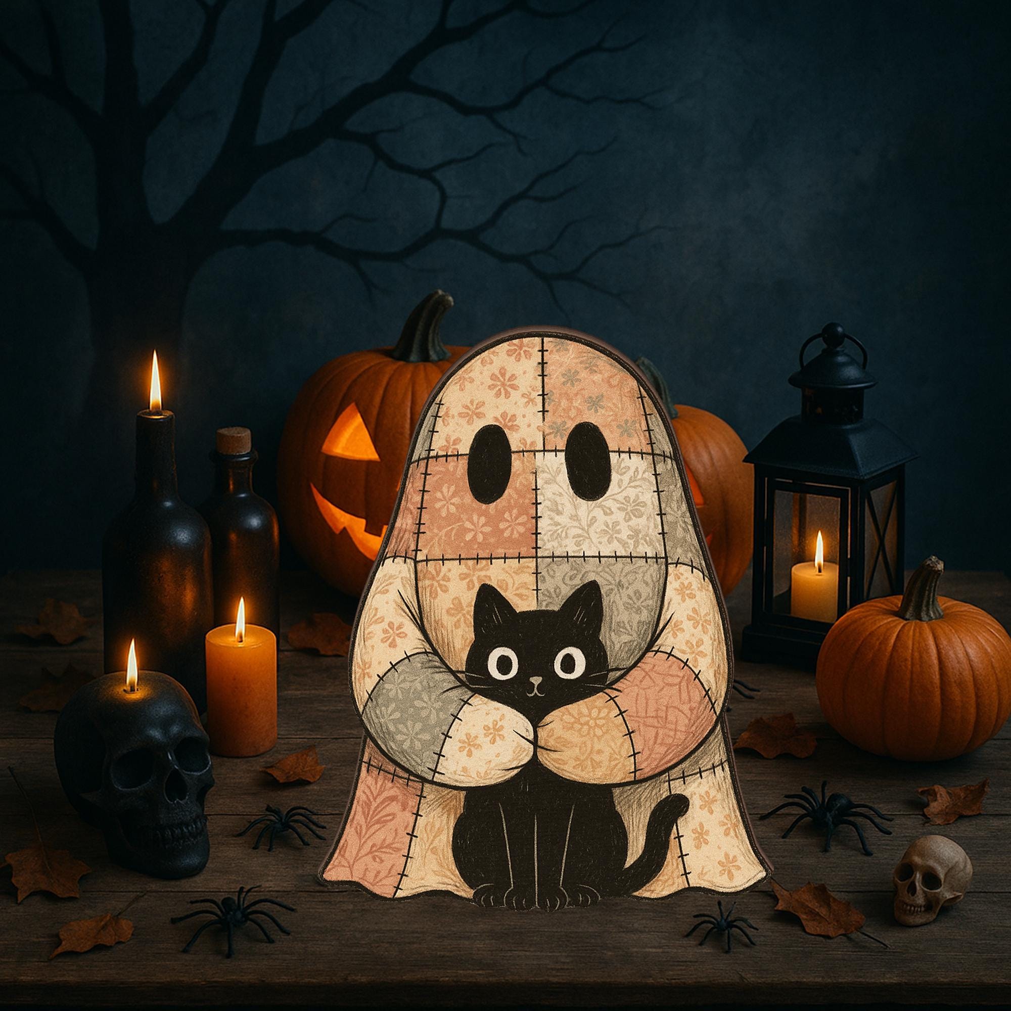 Halloween Ghost Wooden Block Decor - Patchwork Ghost with Black Cat, Spooky Rustic Fall, Cozy Autumn Home Accent