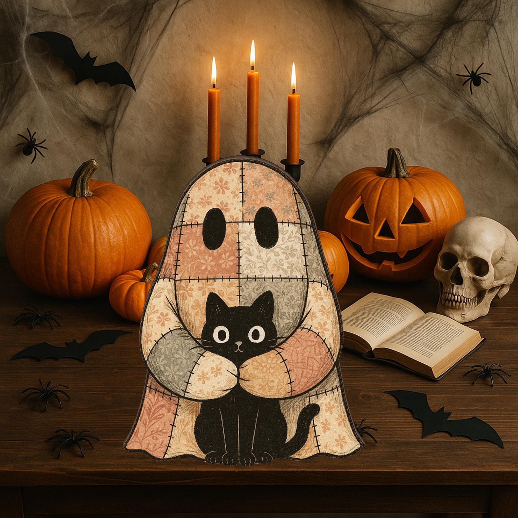 Halloween Ghost Wooden Block Decor - Patchwork Ghost with Black Cat, Spooky Rustic Fall, Cozy Autumn Home Accent