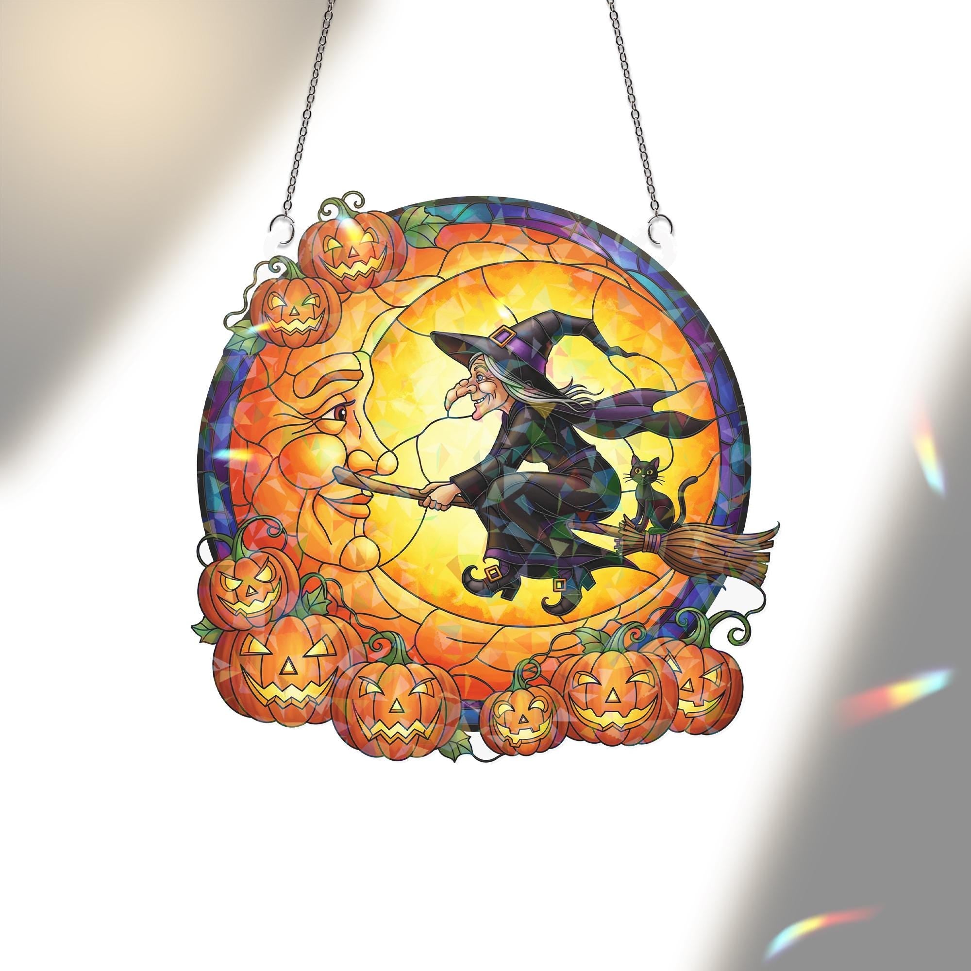 Old Witch Halloween Suncatcher - Holographic Acrylic Window Hanging, Spooky Pumpkin Witch Decor, Unique Halloween Gift for Grandma