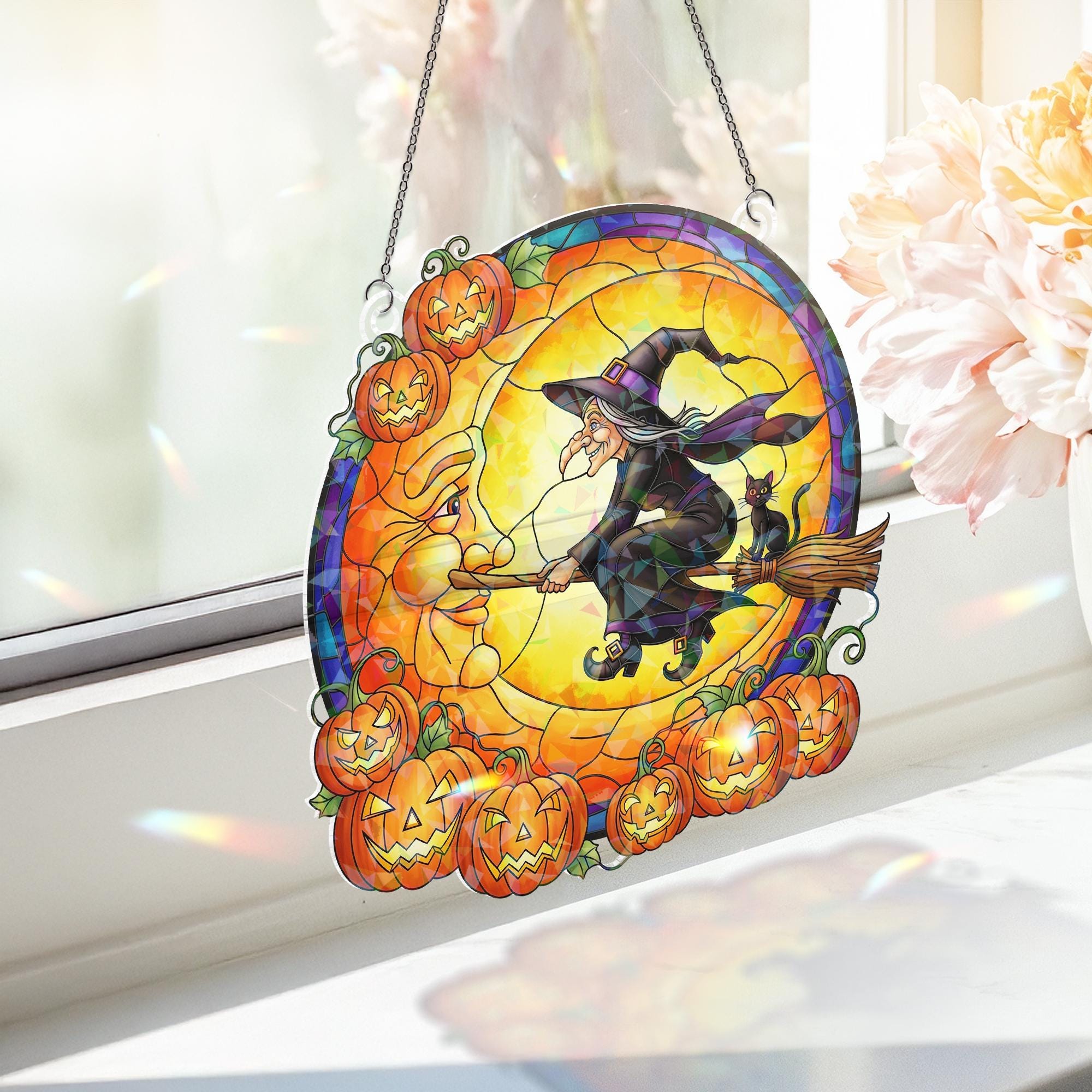 Old Witch Halloween Suncatcher - Holographic Acrylic Window Hanging, Spooky Pumpkin Witch Decor, Unique Halloween Gift for Grandma