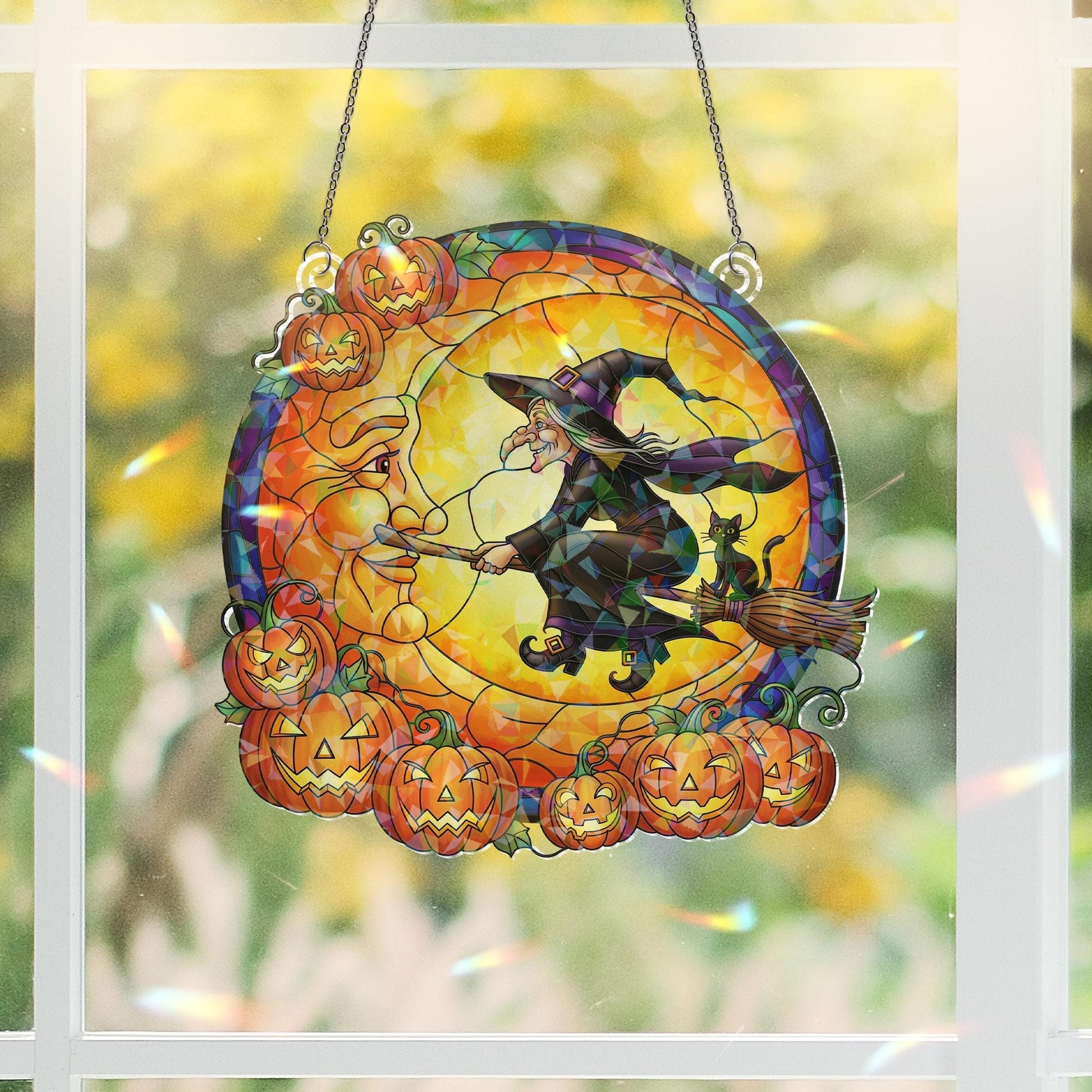 Old Witch Halloween Suncatcher - Holographic Acrylic Window Hanging, Spooky Pumpkin Witch Decor, Unique Halloween Gift for Grandma