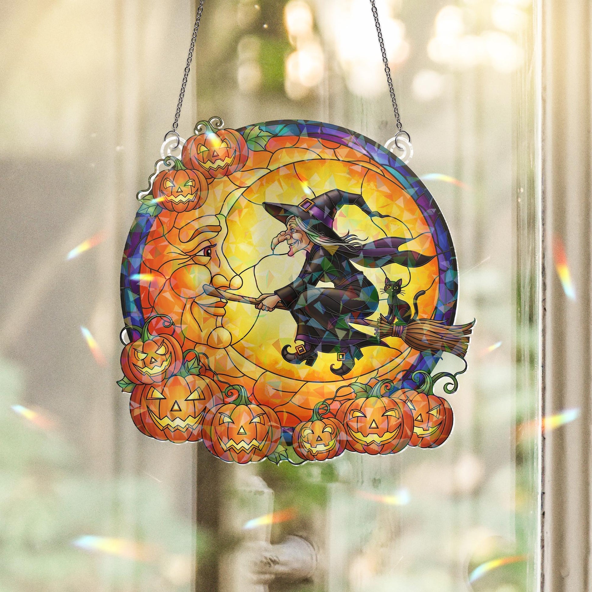 Old Witch Halloween Suncatcher - Holographic Acrylic Window Hanging, Spooky Pumpkin Witch Decor, Unique Halloween Gift for Grandma