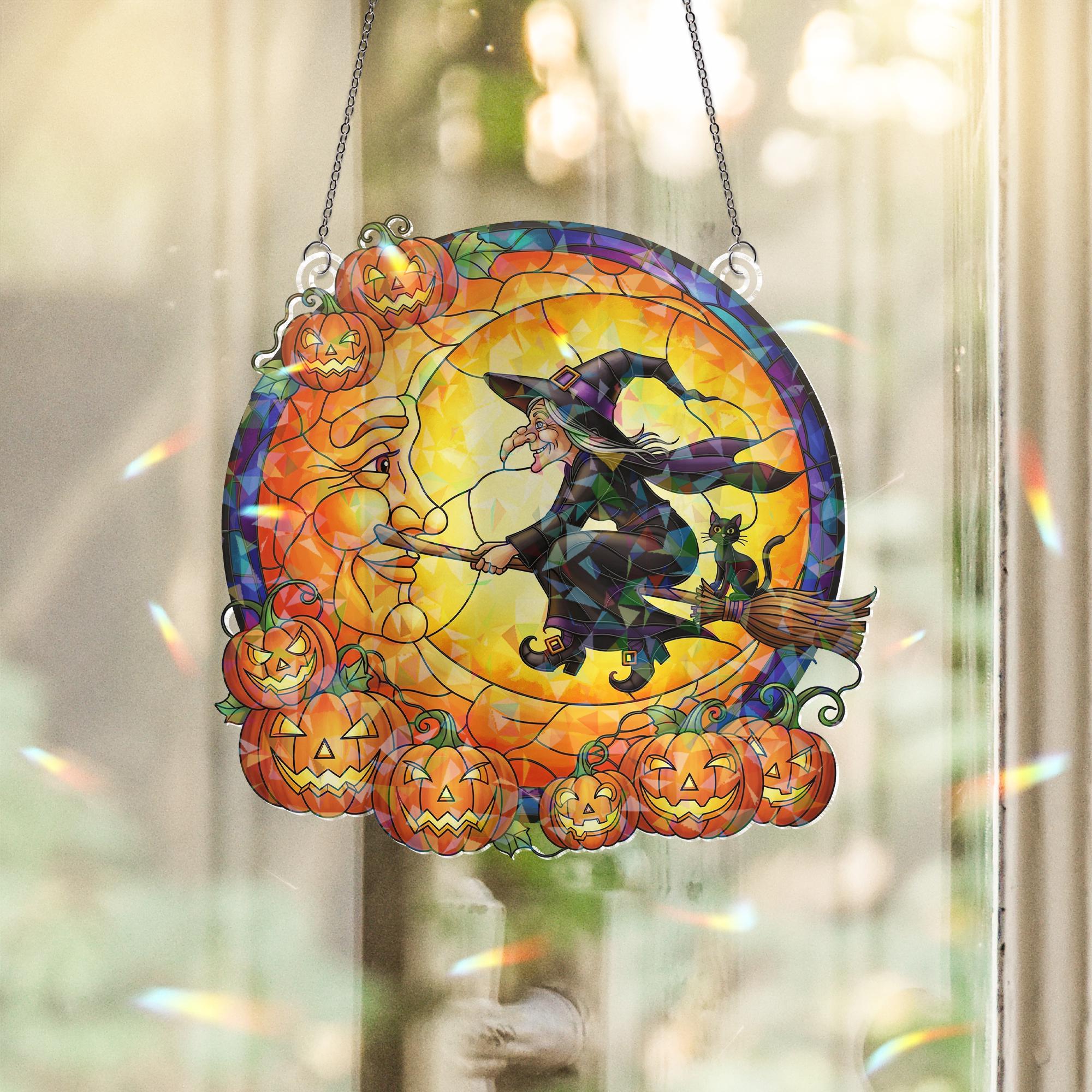 Old Witch Halloween Suncatcher - Holographic Acrylic Window Hanging, Spooky Pumpkin Witch Decor, Unique Halloween Gift for Grandma