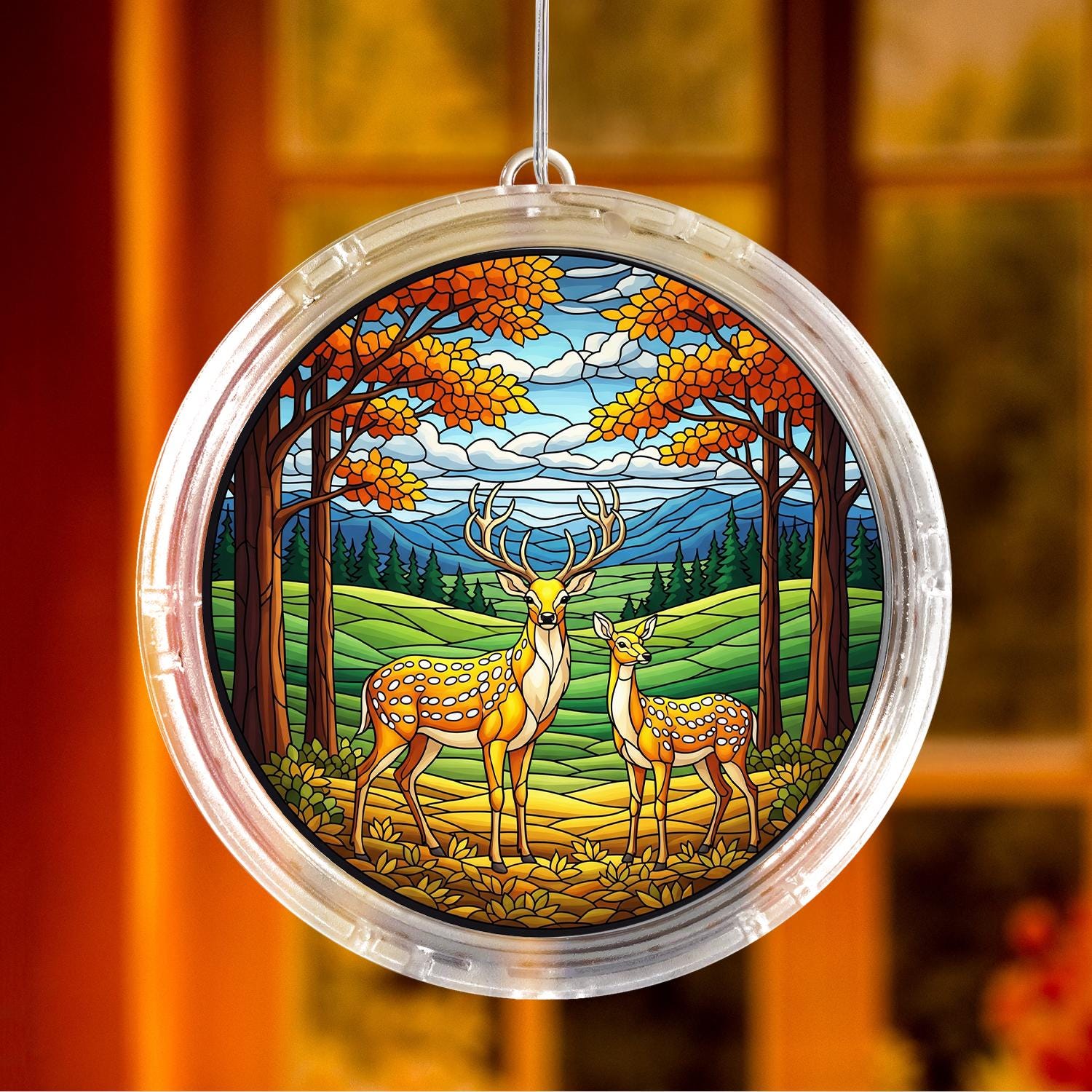 LED Deer Hanging Light, Illuminated Window Decor, Autumn Forest Wildlife Scene, Rustic Cabin Home Accent, Nature Gift, LED Suncatcher