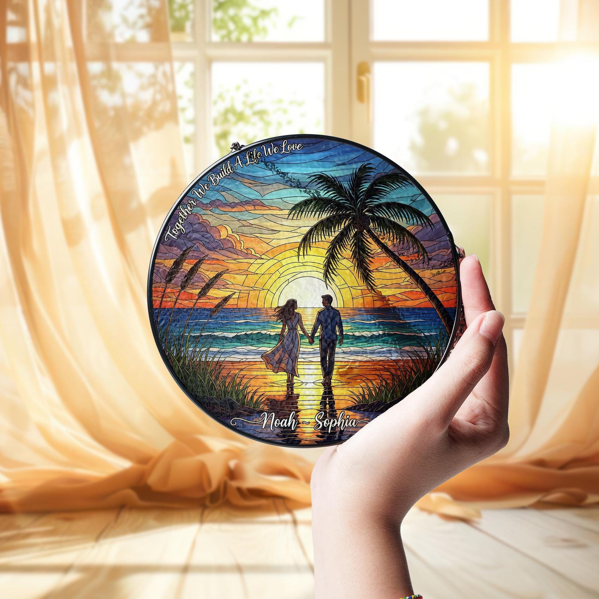 Romantic Sunset Beach Suncatcher, Stained Glass Effect Hanging Decor, Personalized Couple Gift, Anniversary Wedding Home Decoration