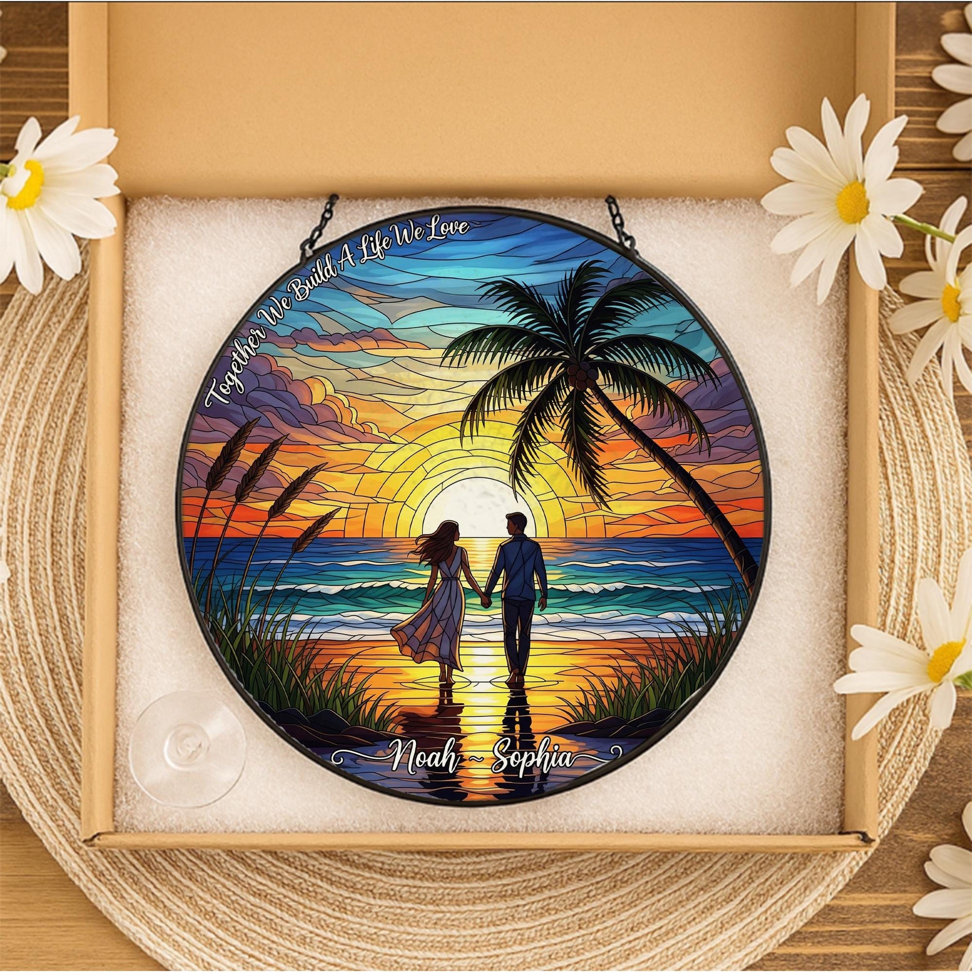 Romantic Sunset Beach Suncatcher, Stained Glass Effect Hanging Decor, Personalized Couple Gift, Anniversary Wedding Home Decoration