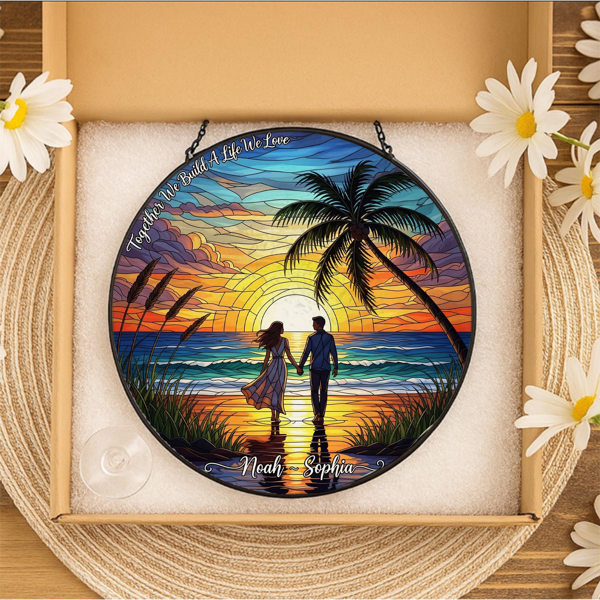 Romantic Sunset Beach Suncatcher, Stained Glass Effect Hanging Decor, Personalized Couple Gift, Anniversary Wedding Home Decoration