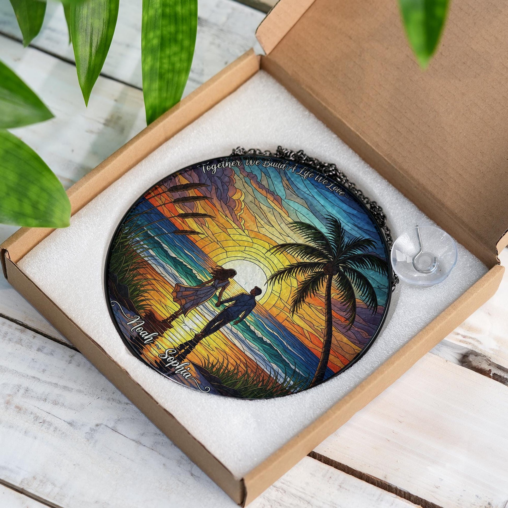 Romantic Sunset Beach Suncatcher, Stained Glass Effect Hanging Decor, Personalized Couple Gift, Anniversary Wedding Home Decoration