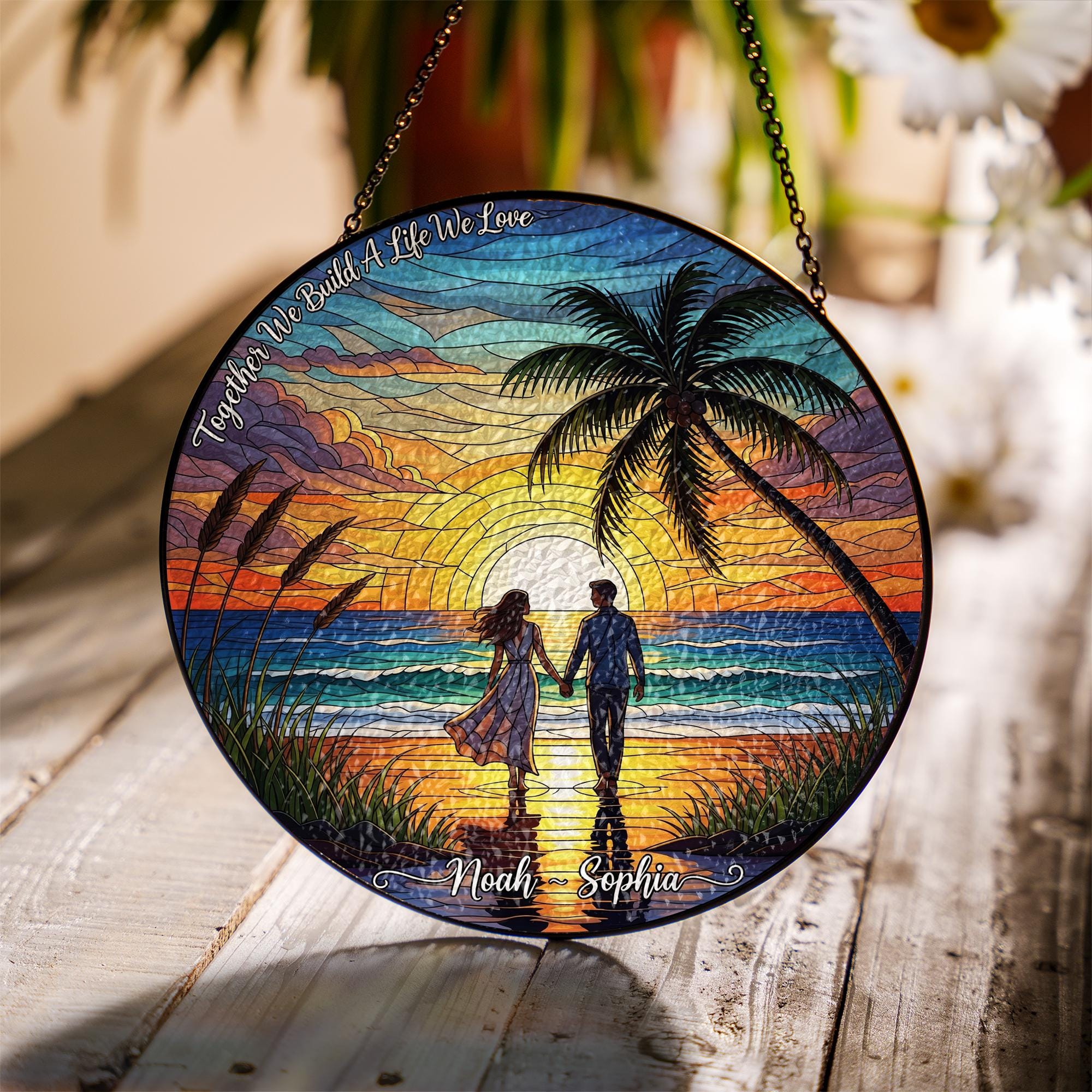 Romantic Sunset Beach Suncatcher, Stained Glass Effect Hanging Decor, Personalized Couple Gift, Anniversary Wedding Home Decoration