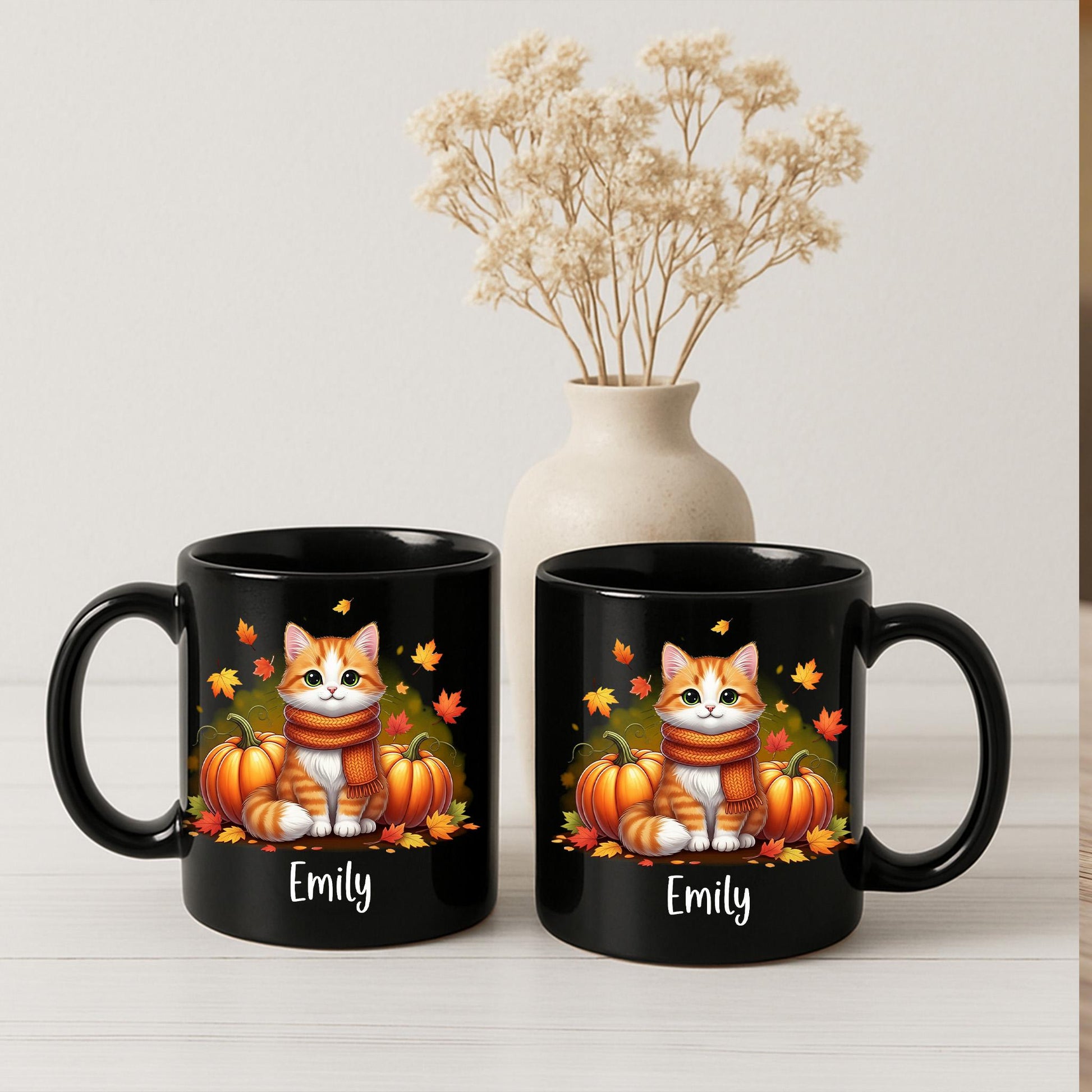Personalized Fall Cat Mug, Cute Pumpkin Coffee Cup, Autumn Kitty Gift, Black Cat Lover Mug, Custom Name Cozy Seasonal Drinkware