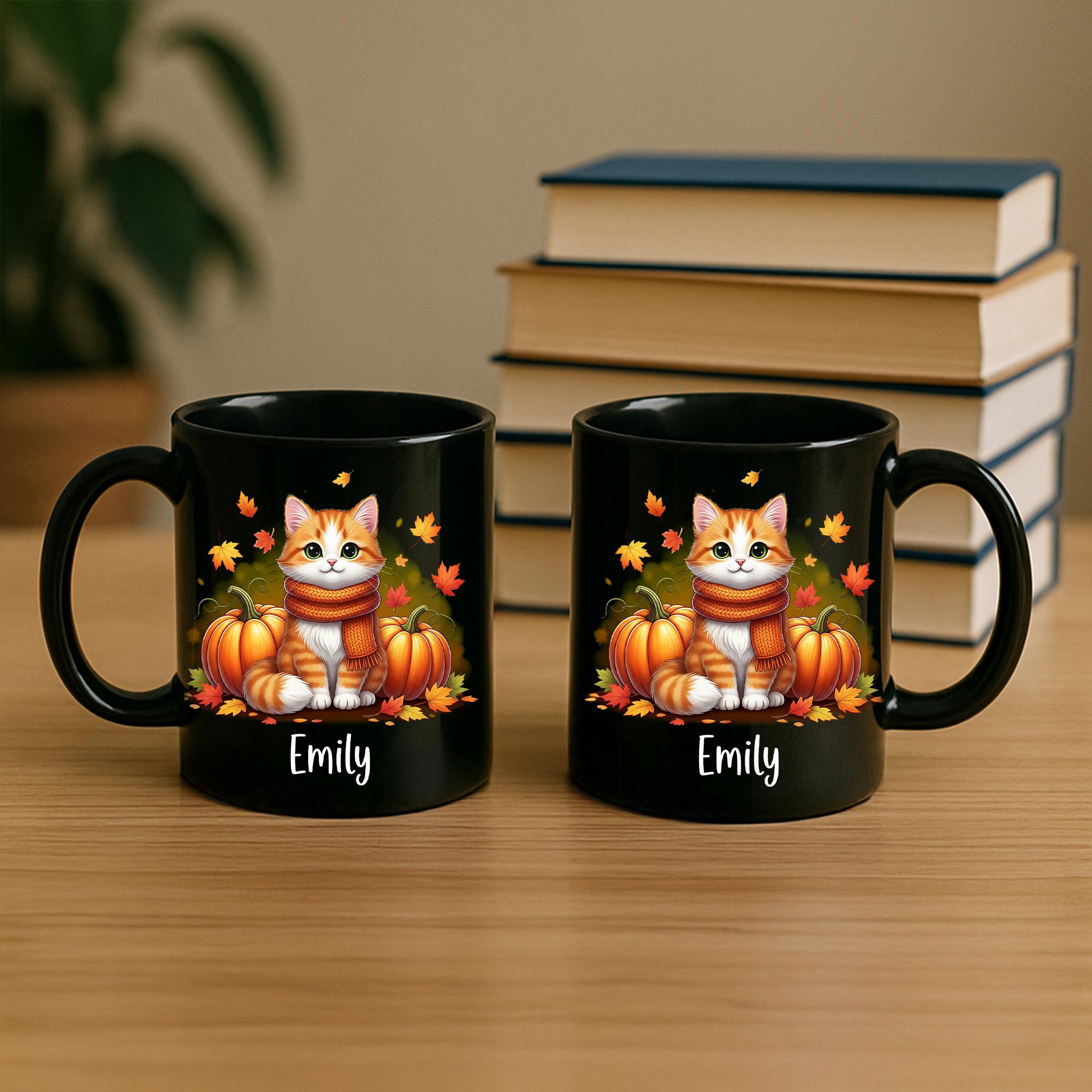 Personalized Fall Cat Mug, Cute Pumpkin Coffee Cup, Autumn Kitty Gift, Black Cat Lover Mug, Custom Name Cozy Seasonal Drinkware