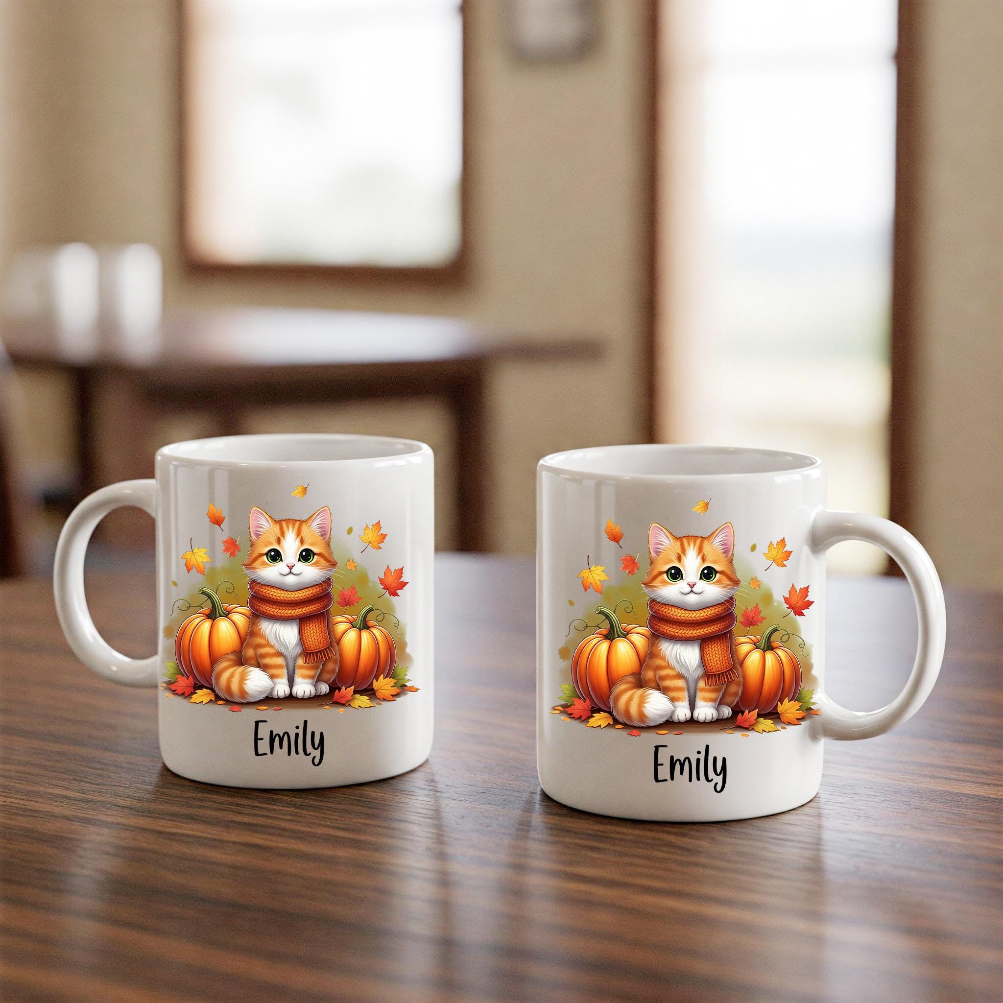 Personalized Fall Cat Mug, Cute Pumpkin Coffee Cup, Autumn Kitty Gift, Black Cat Lover Mug, Custom Name Cozy Seasonal Drinkware