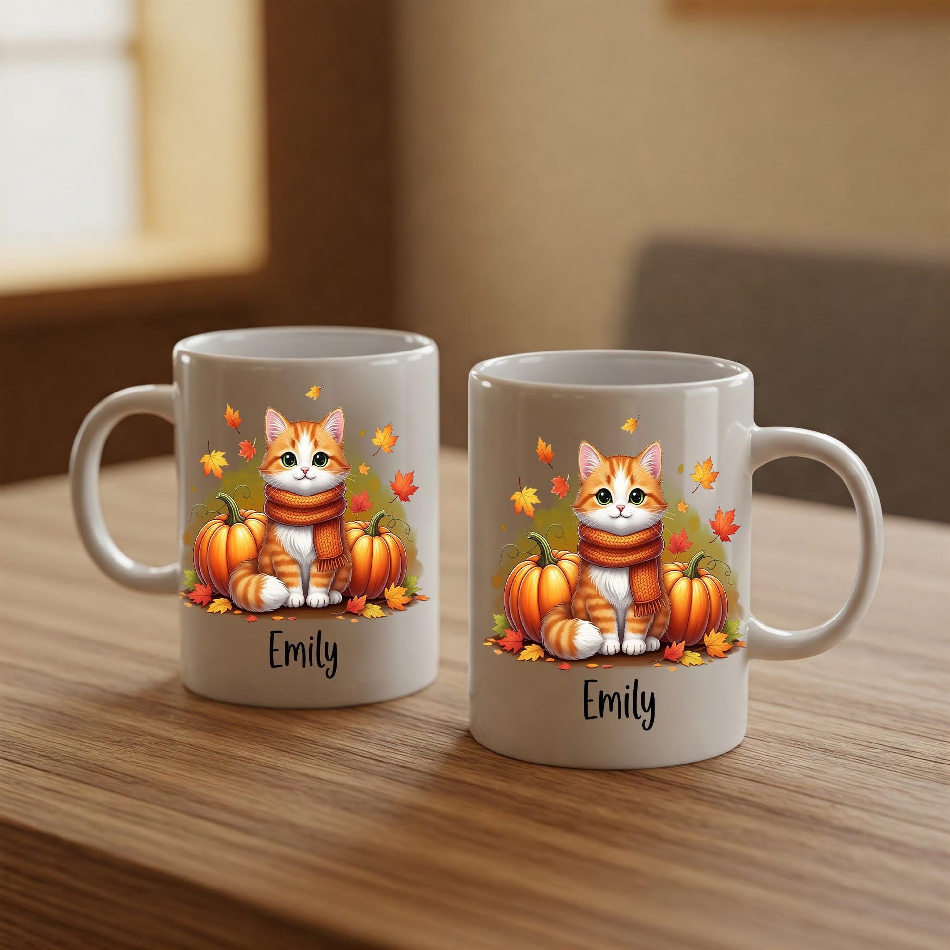 Personalized Fall Cat Mug, Cute Pumpkin Coffee Cup, Autumn Kitty Gift, Black Cat Lover Mug, Custom Name Cozy Seasonal Drinkware