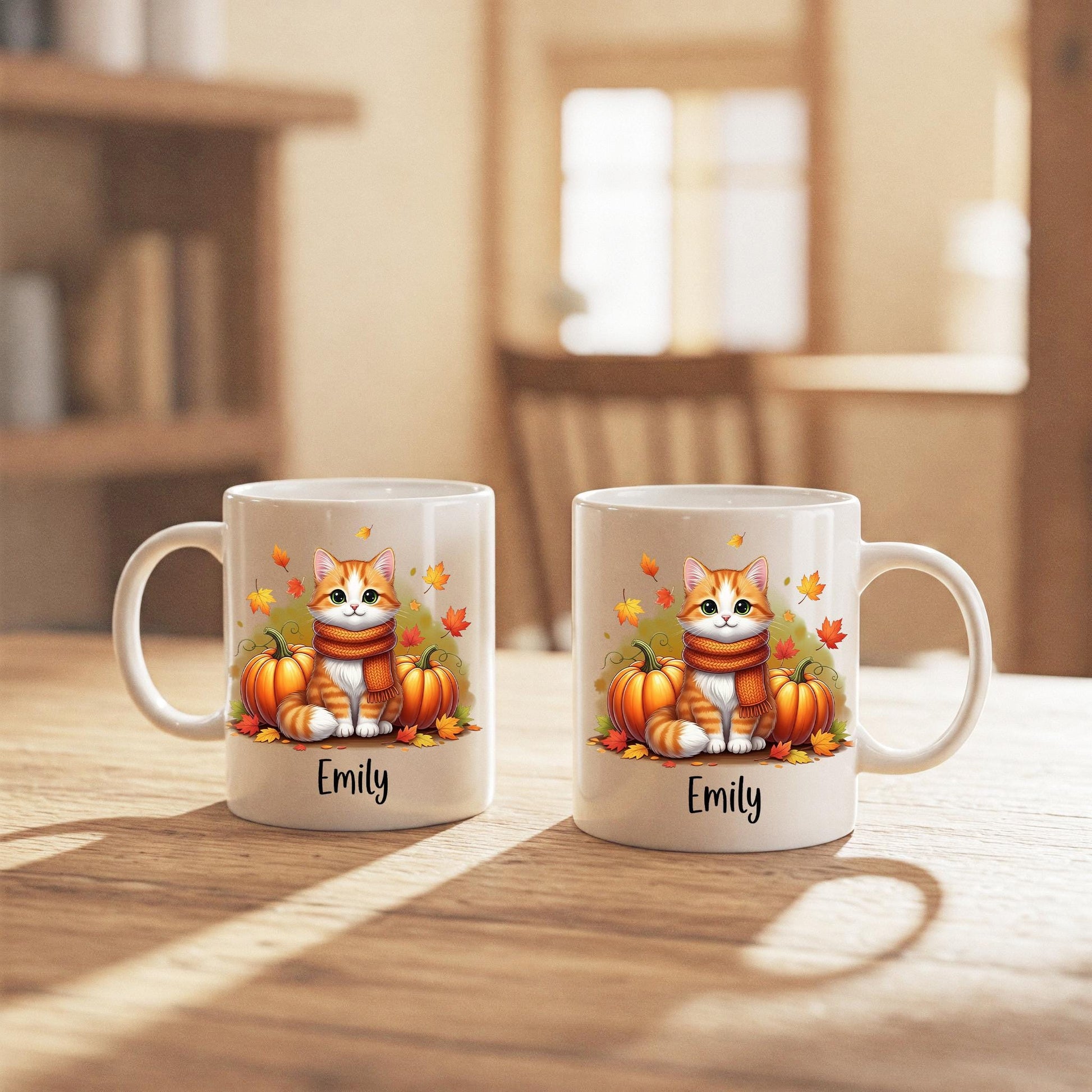 Personalized Fall Cat Mug, Cute Pumpkin Coffee Cup, Autumn Kitty Gift, Black Cat Lover Mug, Custom Name Cozy Seasonal Drinkware
