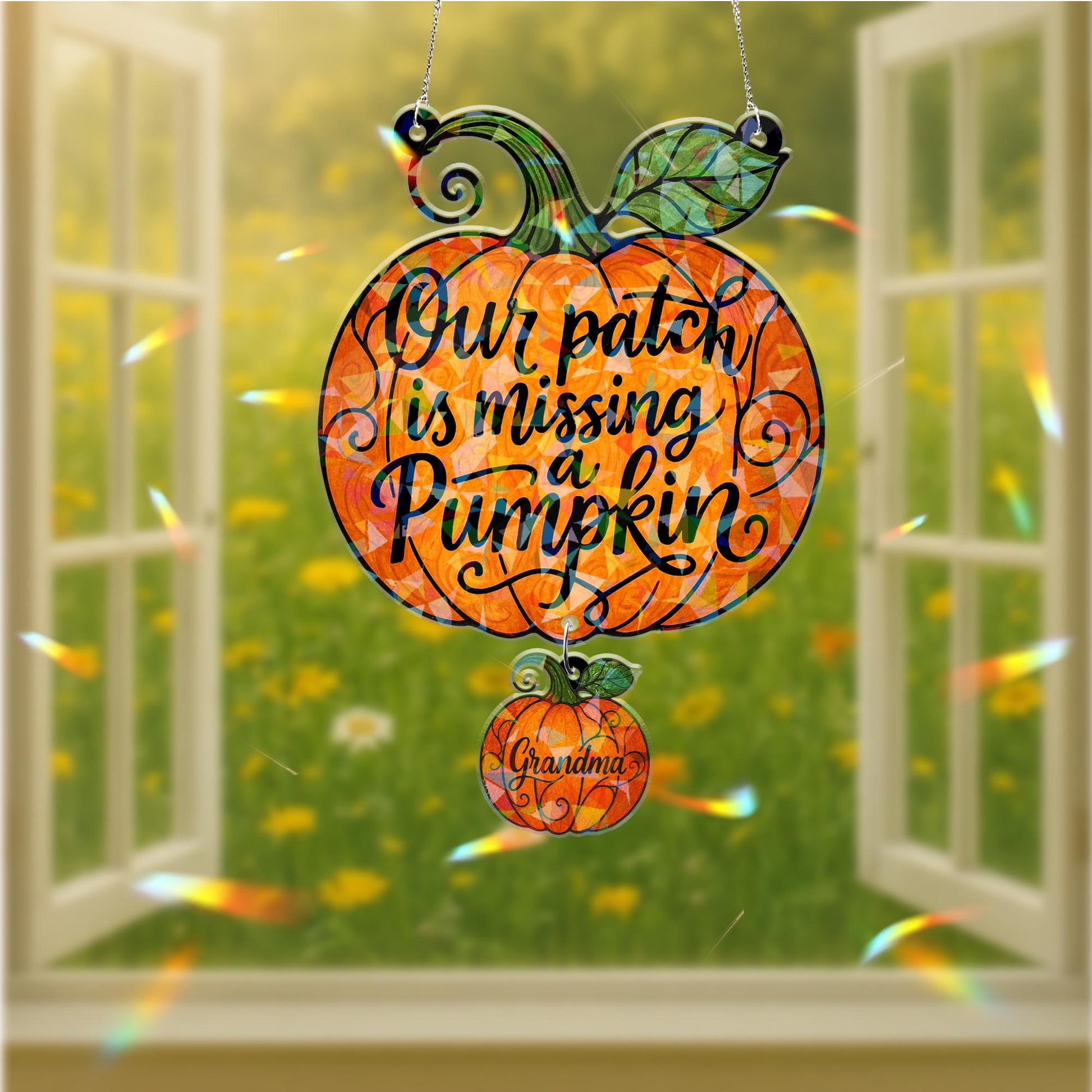 Grandma Memorial Pumpkin Suncatcher - Custom Holographic Acrylic Window Hanging, Our Patch Is Missing a Pumpkin Keepsake Gift