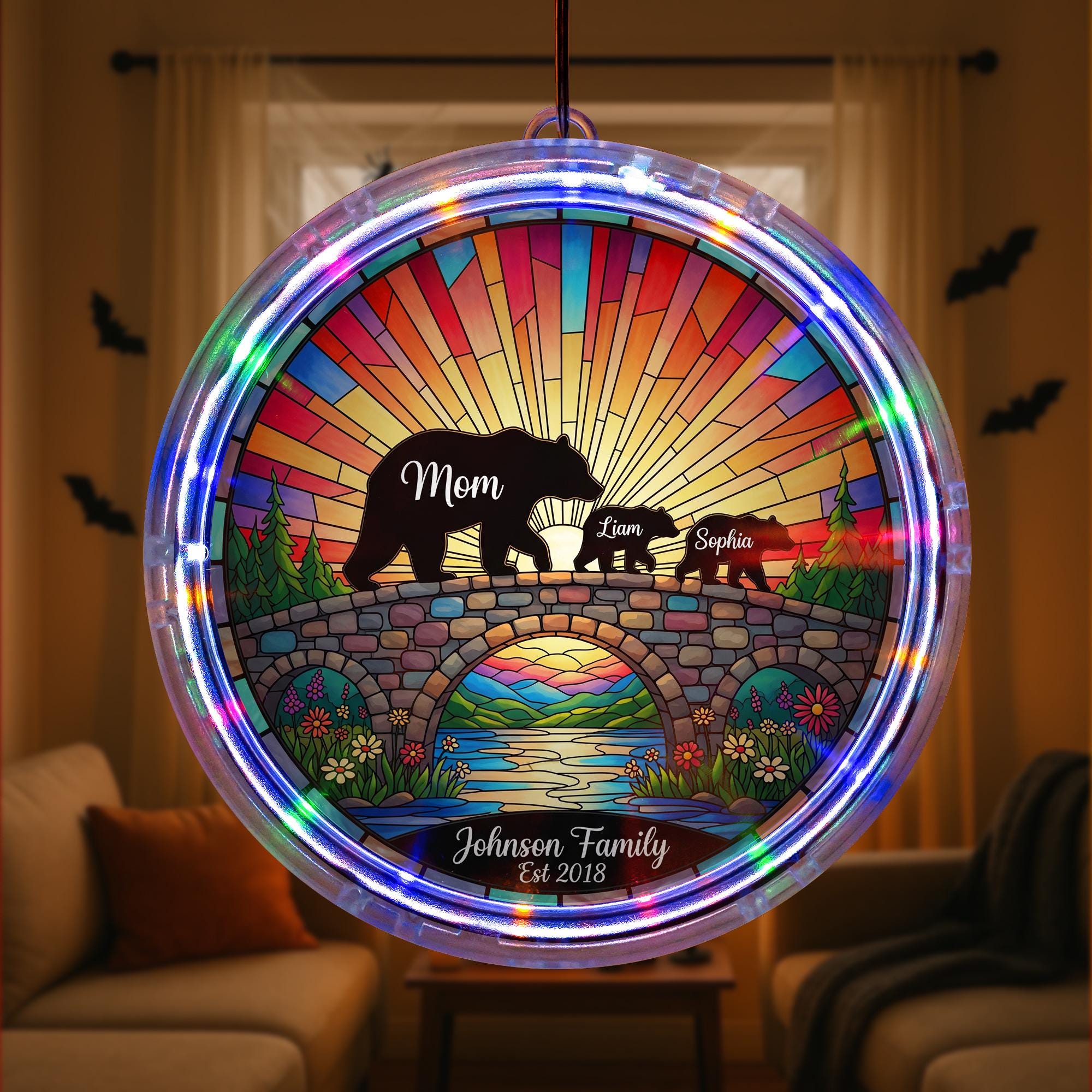 Personalized Bear Family LED Hanging Light, Custom Animal Wall Decor, Stained Glass Style Sun Catcher, Rustic Woodland Home Gift