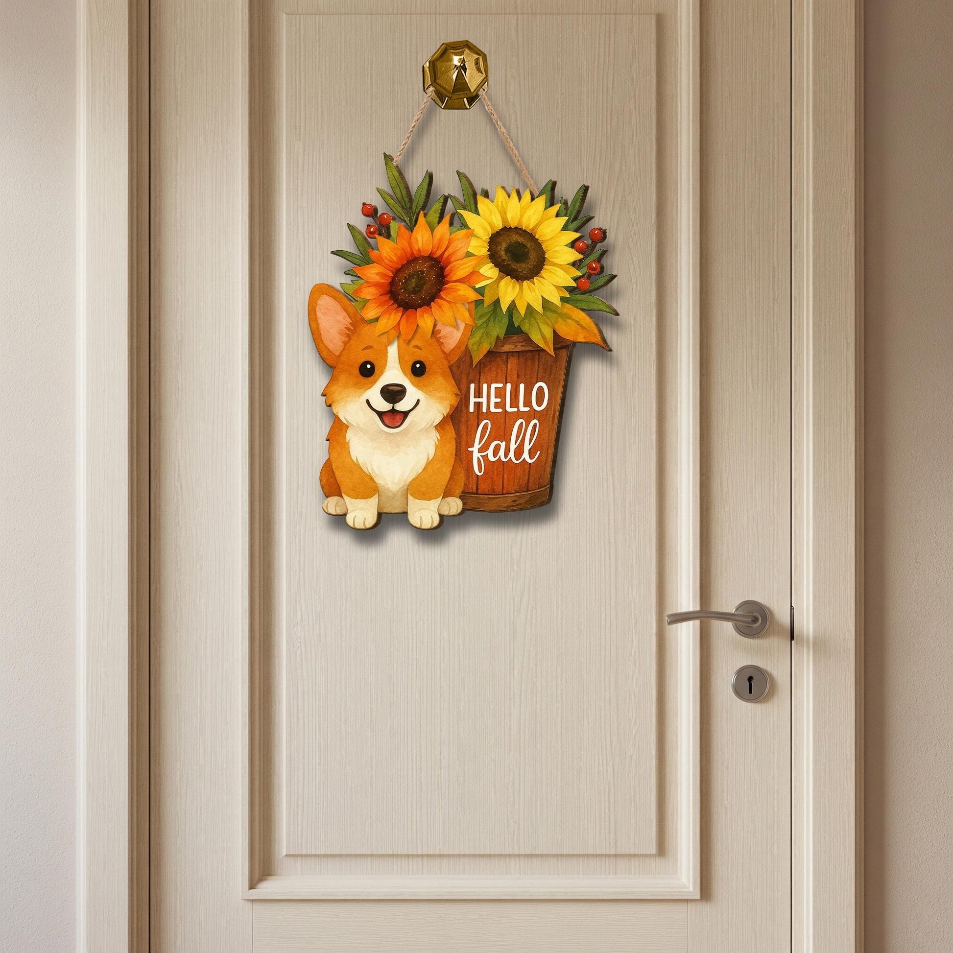Hello Fall Corgi Door Hanger, Fall Sunflower Porch Sign, Rustic Autumn Front Door Decoration, Dog Lover Farmhouse Wall Hanging Decor