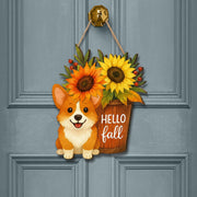 Hello Fall Corgi Door Hanger, Fall Sunflower Porch Sign, Rustic Autumn Front Door Decoration, Dog Lover Farmhouse Wall Hanging Decor