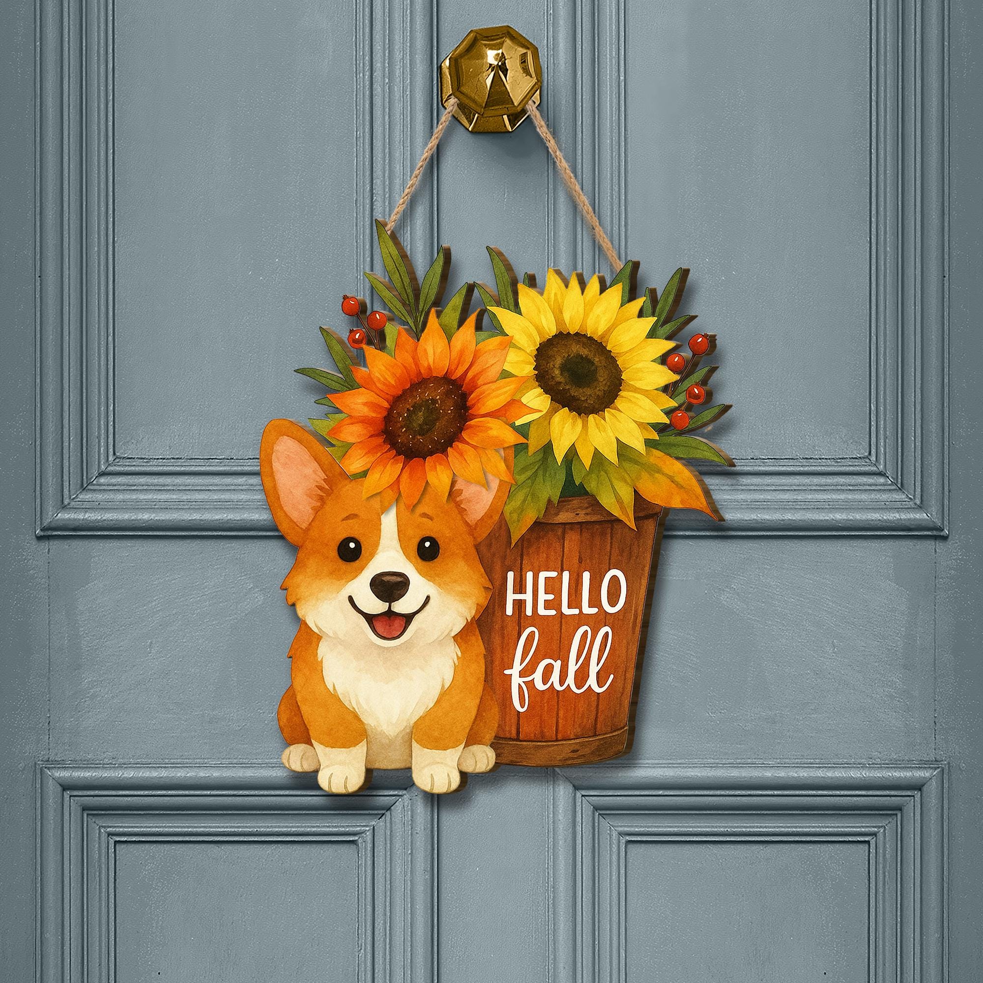 Hello Fall Corgi Door Hanger, Fall Sunflower Porch Sign, Rustic Autumn Front Door Decoration, Dog Lover Farmhouse Wall Hanging Decor