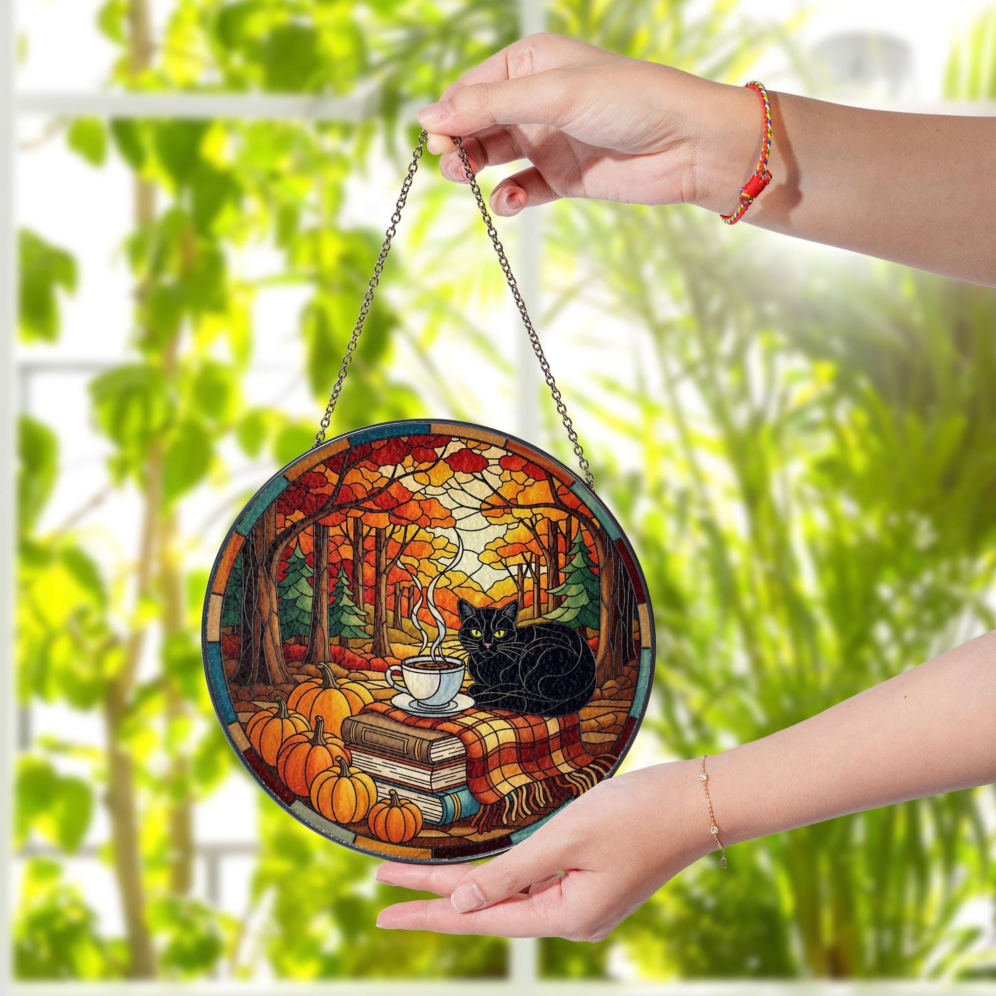 Black Cat Suncatcher: Autumn Pumpkin Window Hanging, Glass Decor