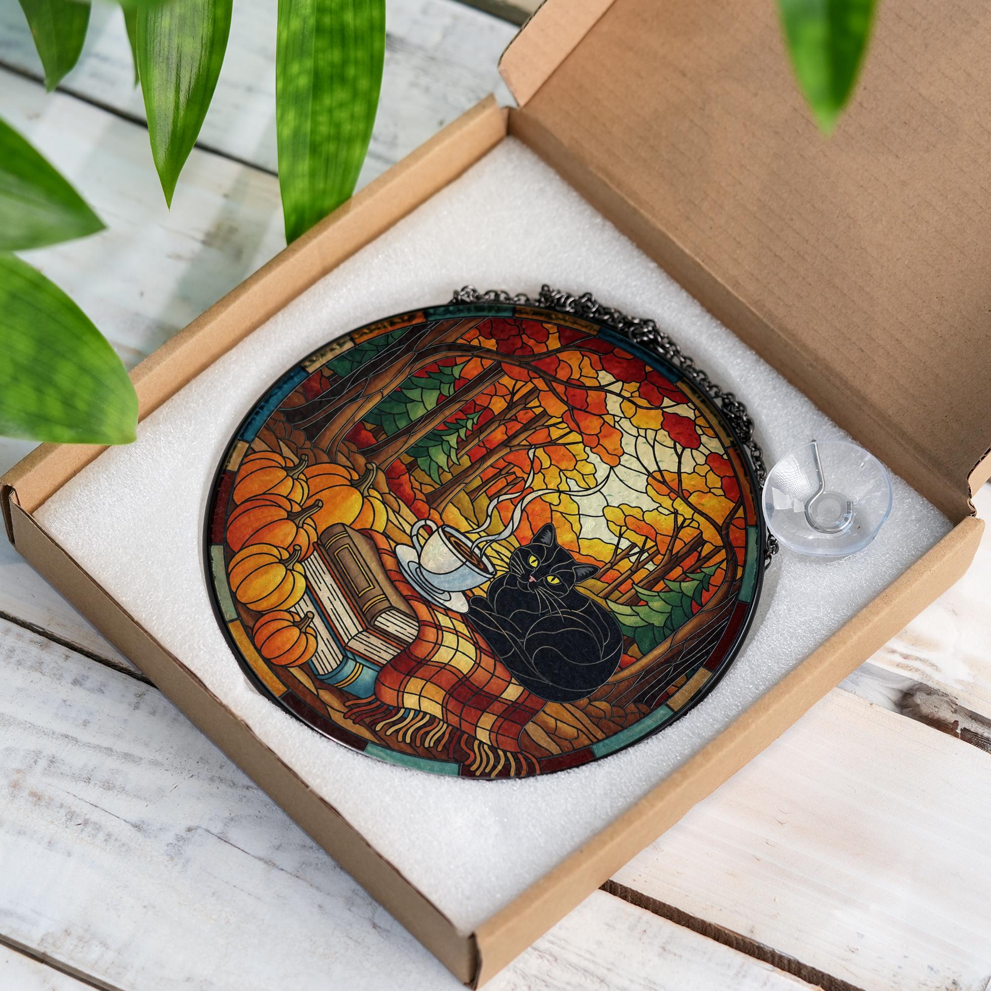 Black Cat Suncatcher: Autumn Pumpkin Window Hanging, Glass Decor