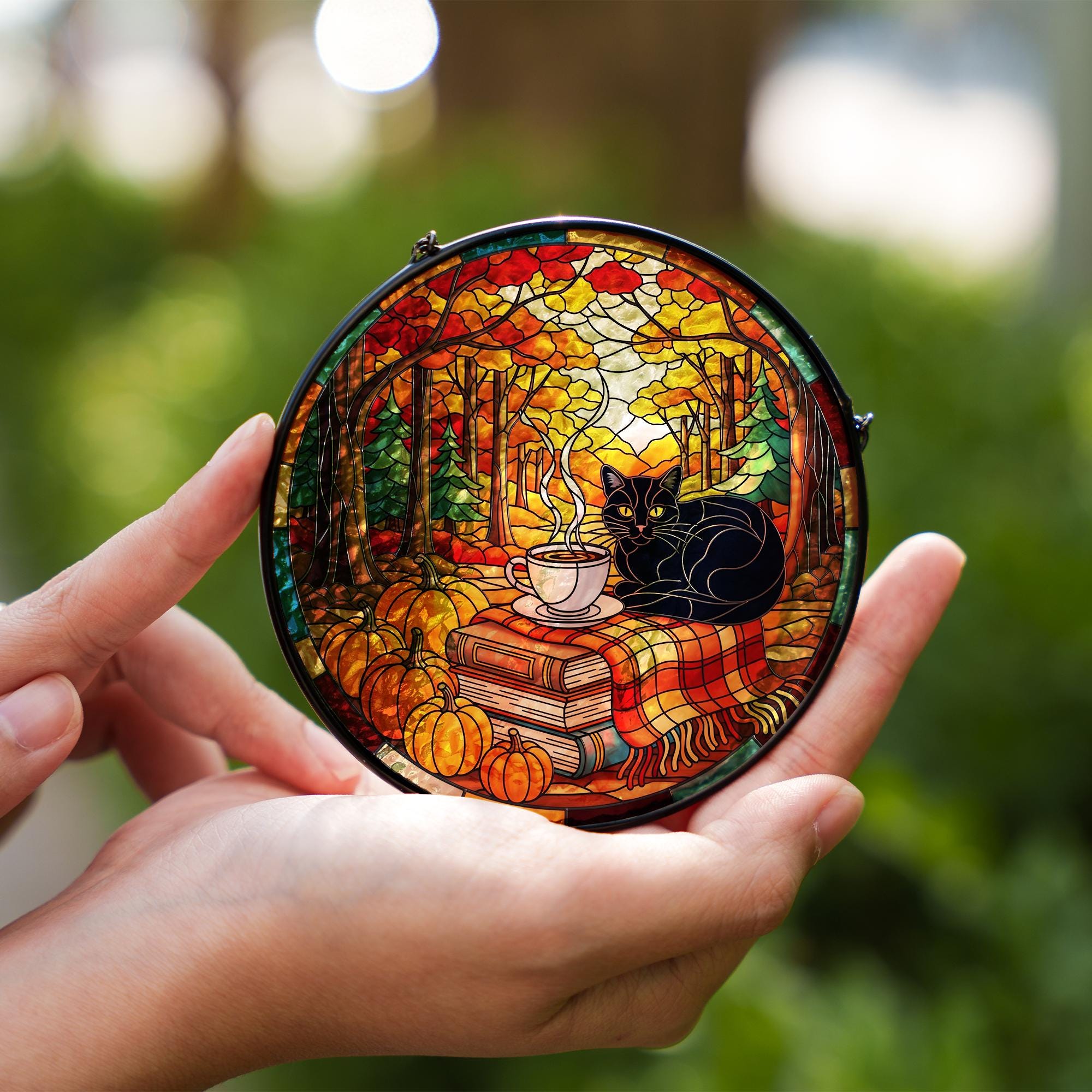 Black Cat Suncatcher: Autumn Pumpkin Window Hanging, Glass Decor