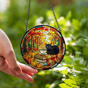 Black Cat Suncatcher: Autumn Pumpkin Window Hanging, Glass Decor