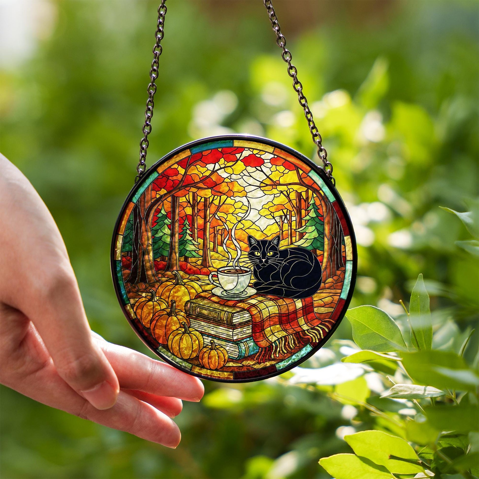Black Cat Suncatcher: Autumn Pumpkin Window Hanging, Glass Decor