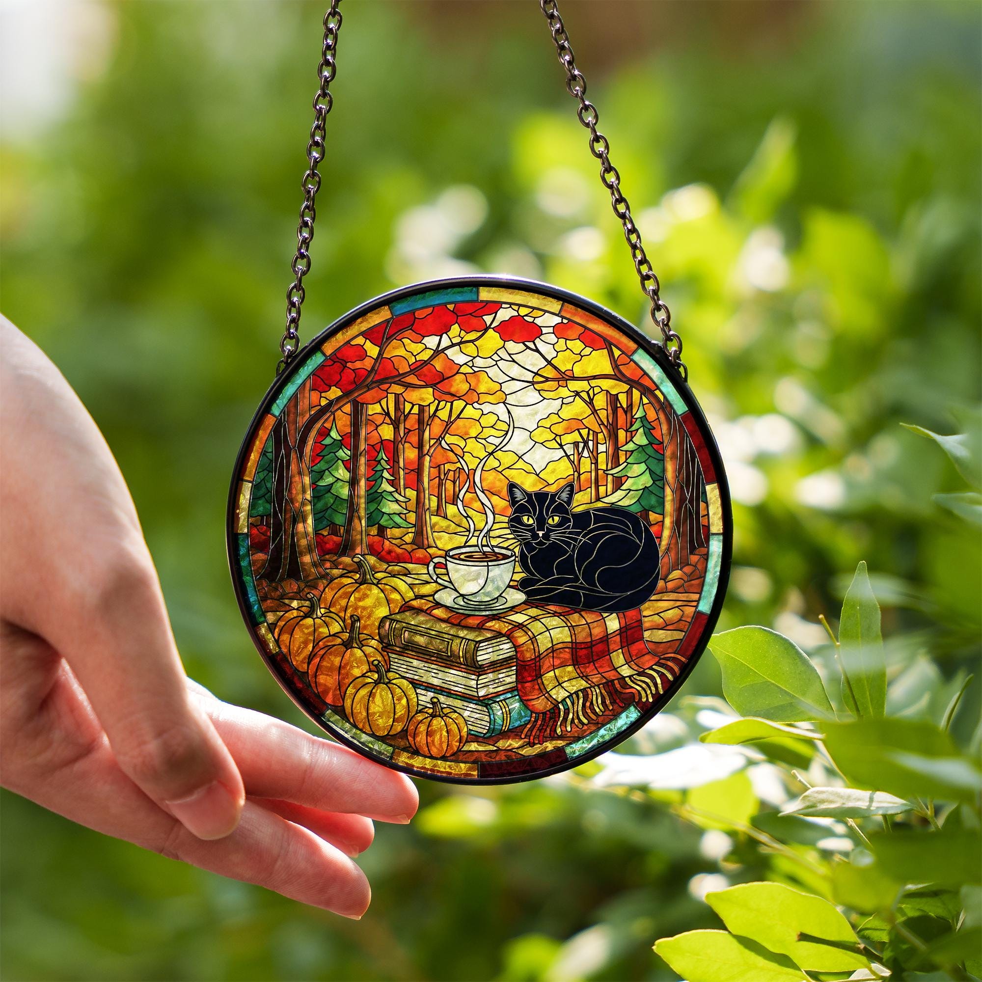 Black Cat Suncatcher: Autumn Pumpkin Window Hanging, Glass Decor
