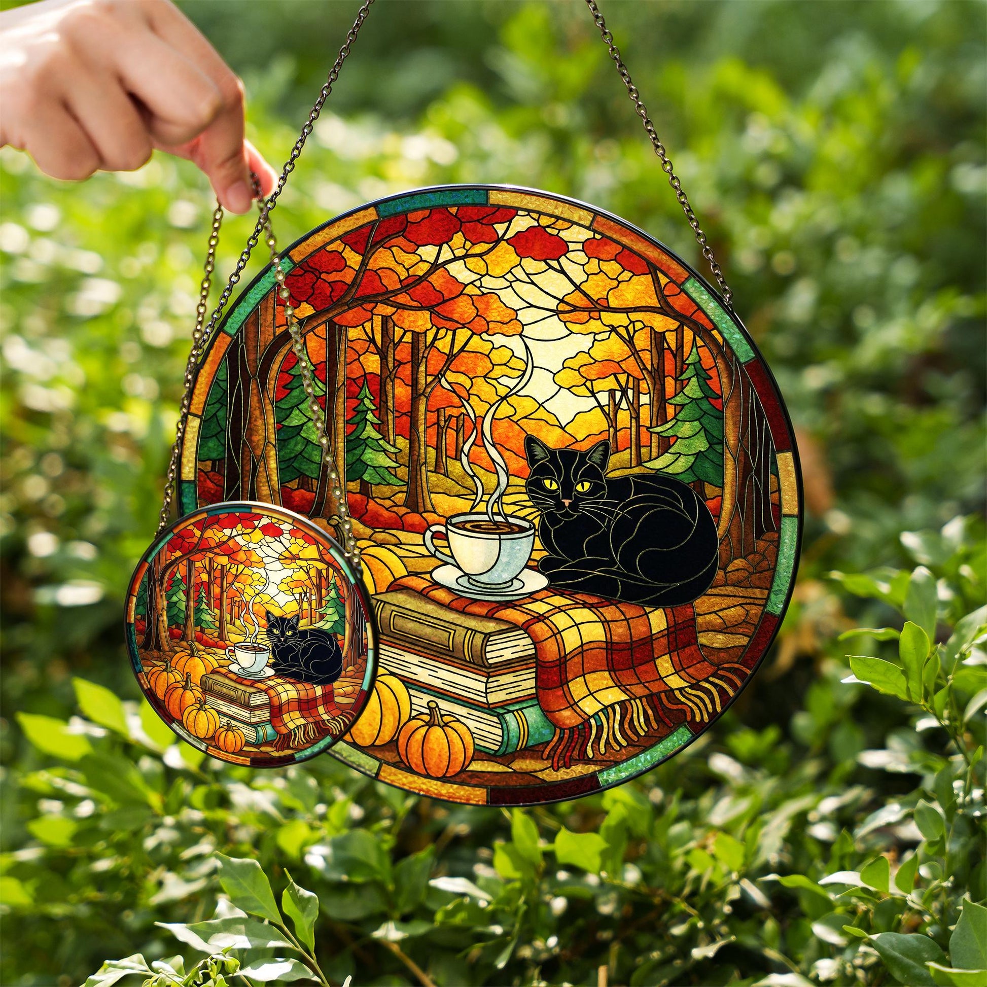 Black Cat Suncatcher: Autumn Pumpkin Window Hanging, Glass Decor