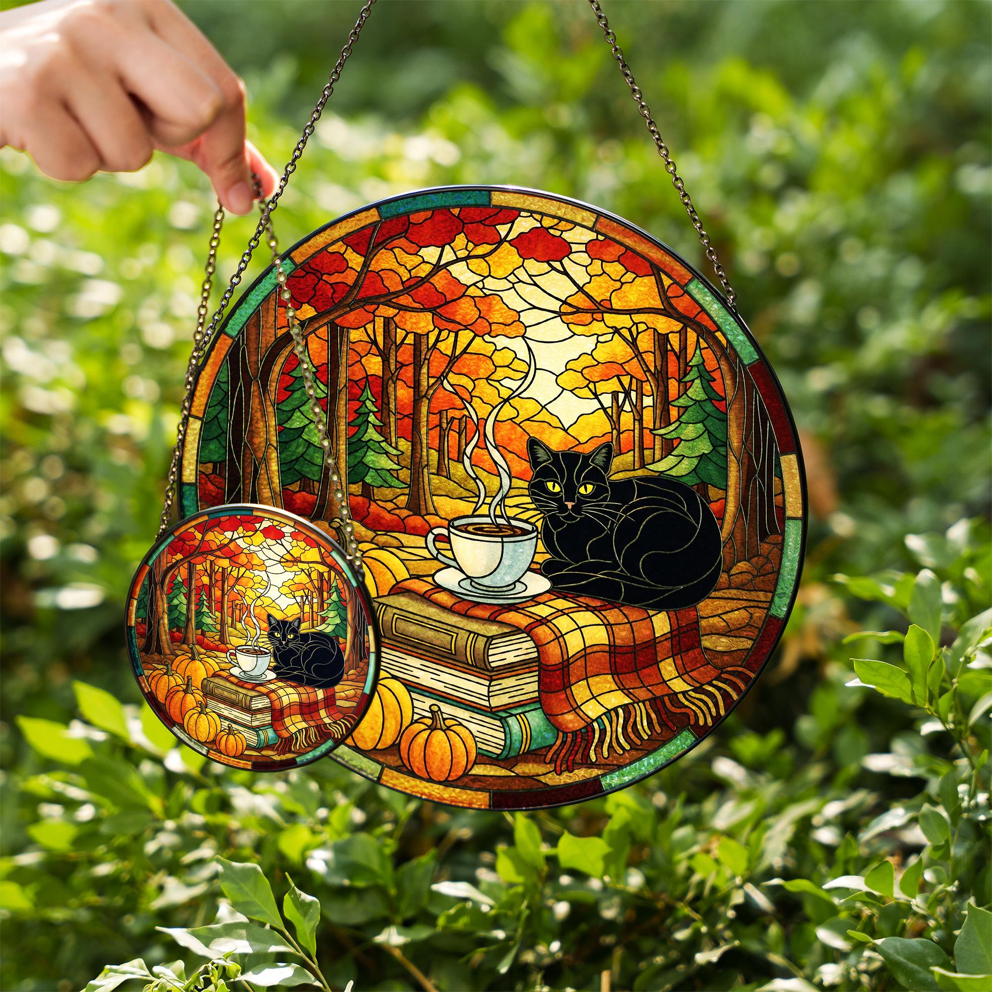Black Cat Suncatcher: Autumn Pumpkin Window Hanging, Glass Decor